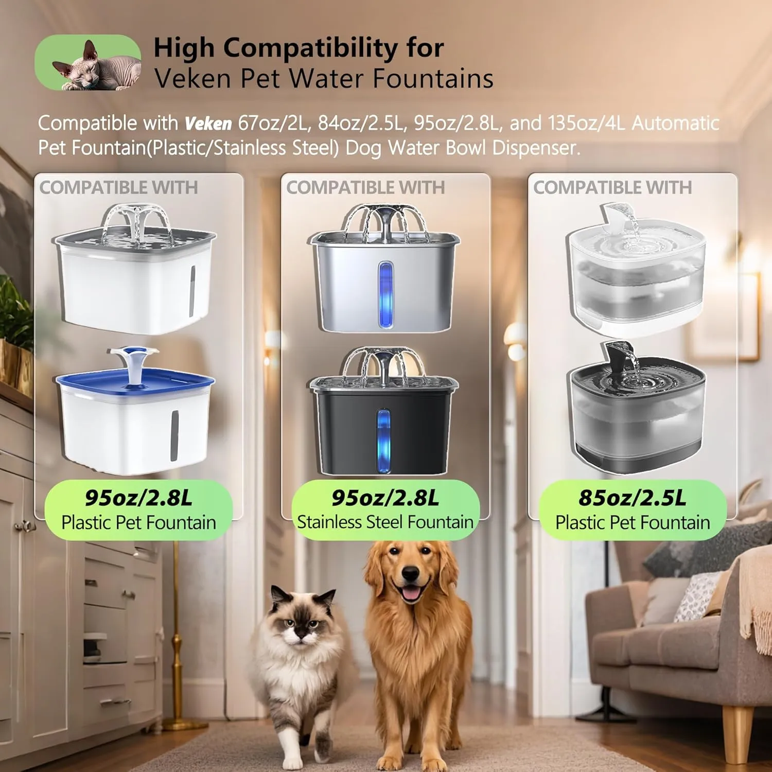 4 4 Pack Pet Fountain Replacement Filters Compatible with Veken 67oz 84oz 95oz 135oz Plastic Stainless Steel Pet Water Dispenser, Cat Water Fountain Filters for Dog Cat with Foam Filter