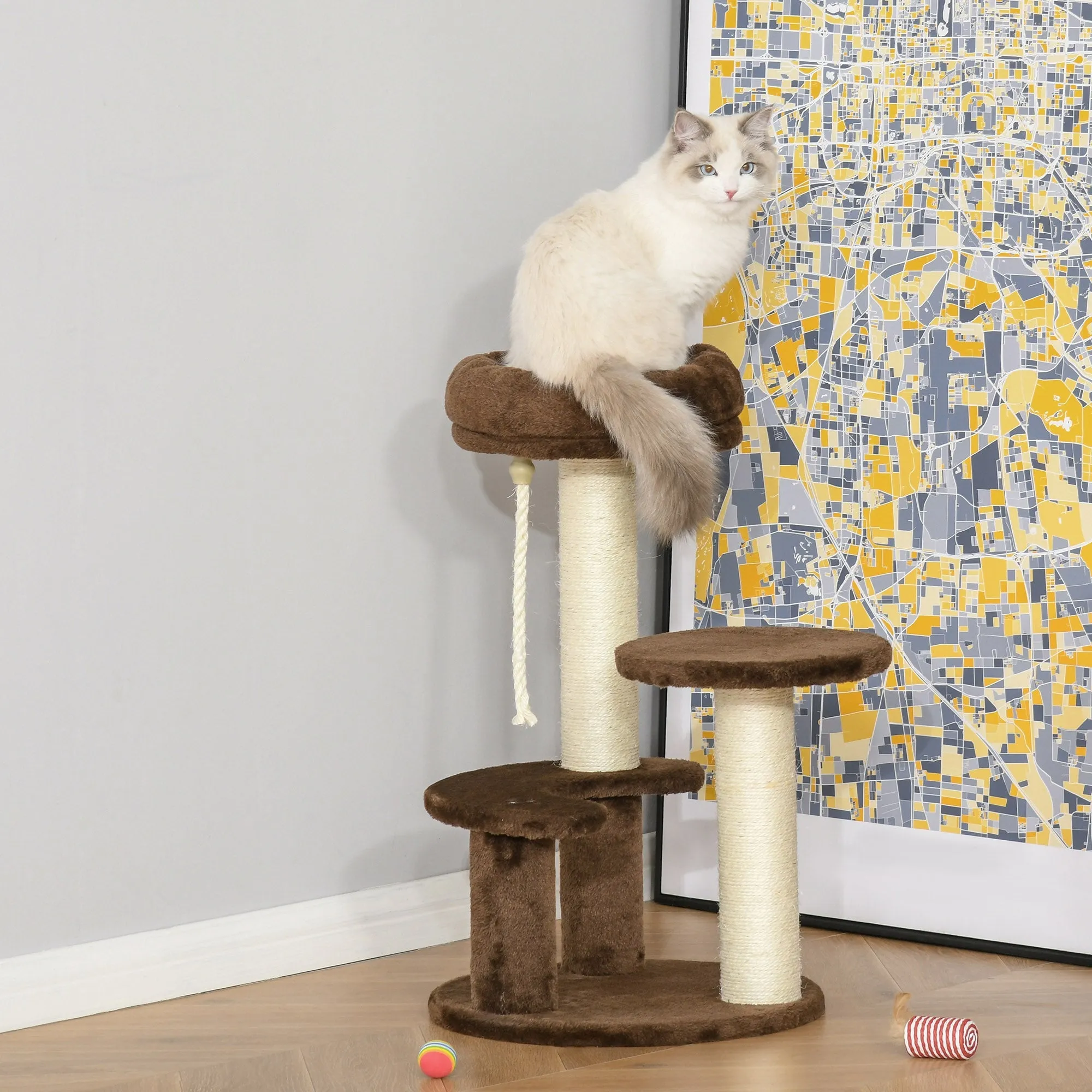 65 cm Cat Tree Cat Scratching Post Kitty Scratcher Kitten Activity Center Scratching Post Playhouse 2 PerchWithHanging Sisal Rope Brown