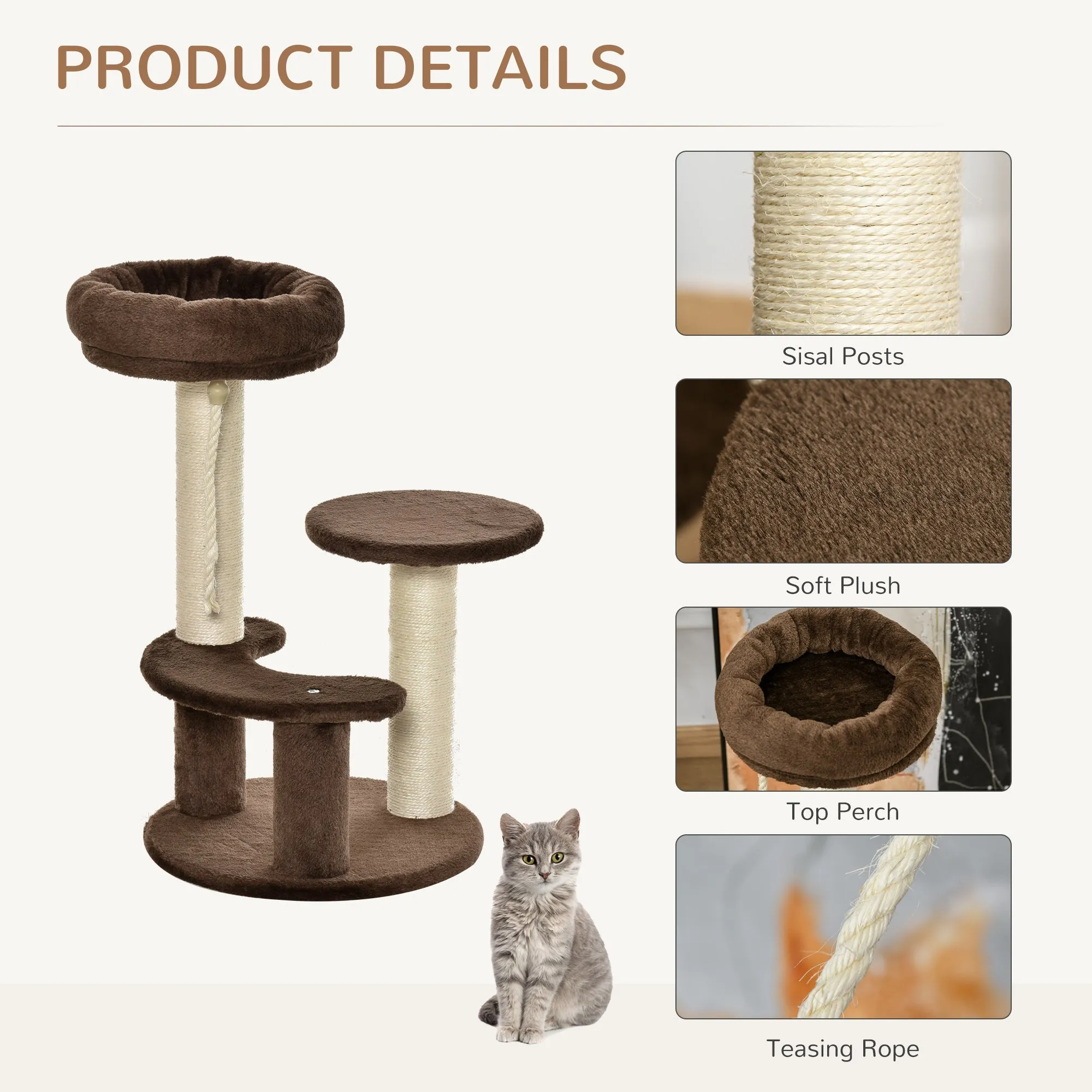 65 cm Cat Tree Cat Scratching Post Kitty Scratcher Kitten Activity Center Scratching Post Playhouse 2 PerchWithHanging Sisal Rope Brown