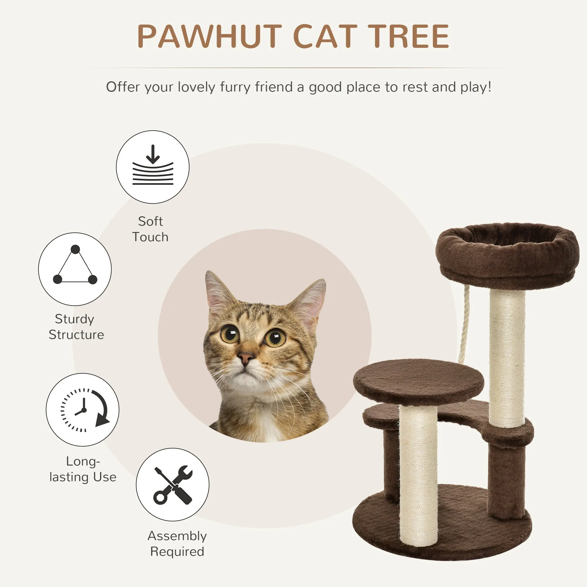 65 cm Cat Tree Cat Scratching Post Kitty Scratcher Kitten Activity Center Scratching Post Playhouse 2 PerchWithHanging Sisal Rope Brown
