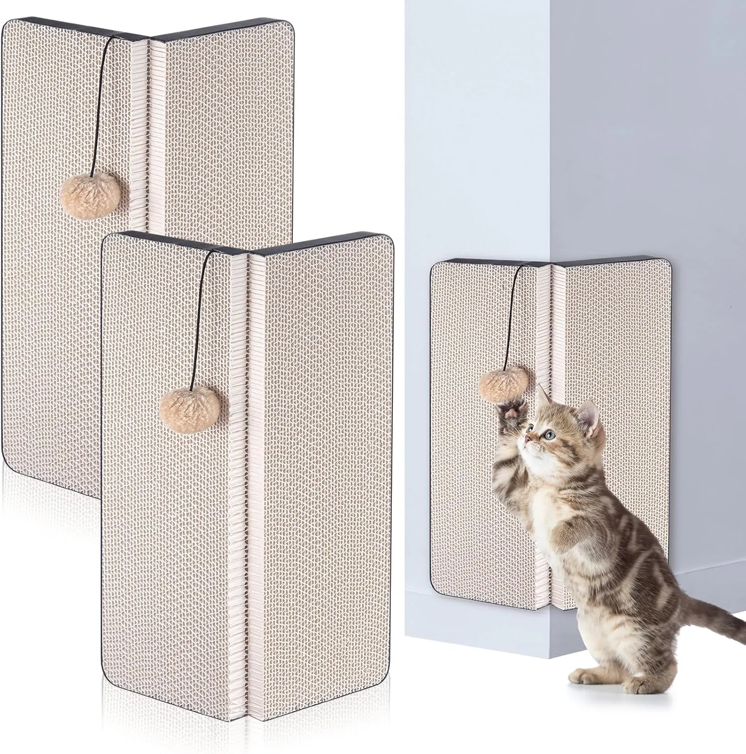 Aliceset 2 Pack 17.25 x 13 Inch Self Adhesive Wall Mounted Cat Wall Corner Scratcher Pad for Indoor Cat Kitten Scratcher Cardboard for Protector Furniture Couch Sofa with Ball Toy and Adhesive Tapes