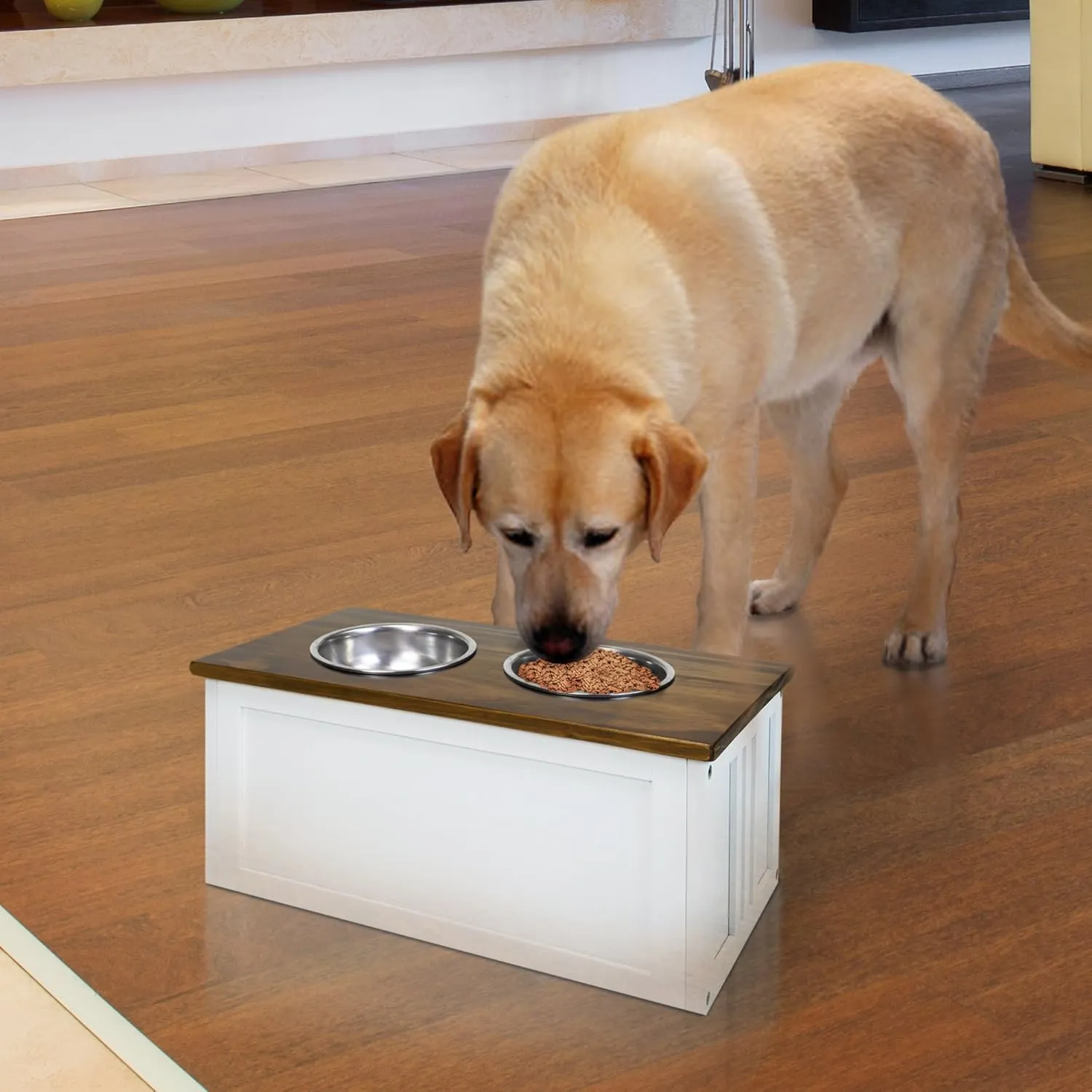 Casual Home 603-15 Wooden Storage Stand Pet Feeder, Two-Tone (Warm Brown, White), One Size