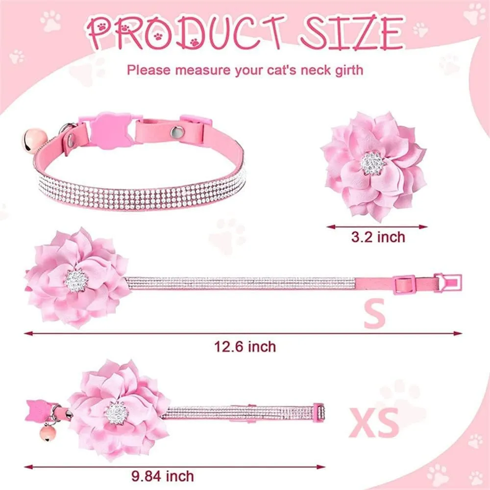 Cat Collars,Rhinestone for Girl Cats Bling Kitten Flower Adjustable Breakaway Collar with Bell Soft Velvet Leather Collar for Puppy Small Dogs (Pink)