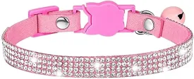 Cat Collars,Rhinestone for Girl Cats Bling Kitten Flower Adjustable Breakaway Collar with Bell Soft Velvet Leather Collar for Puppy Small Dogs (Pink)