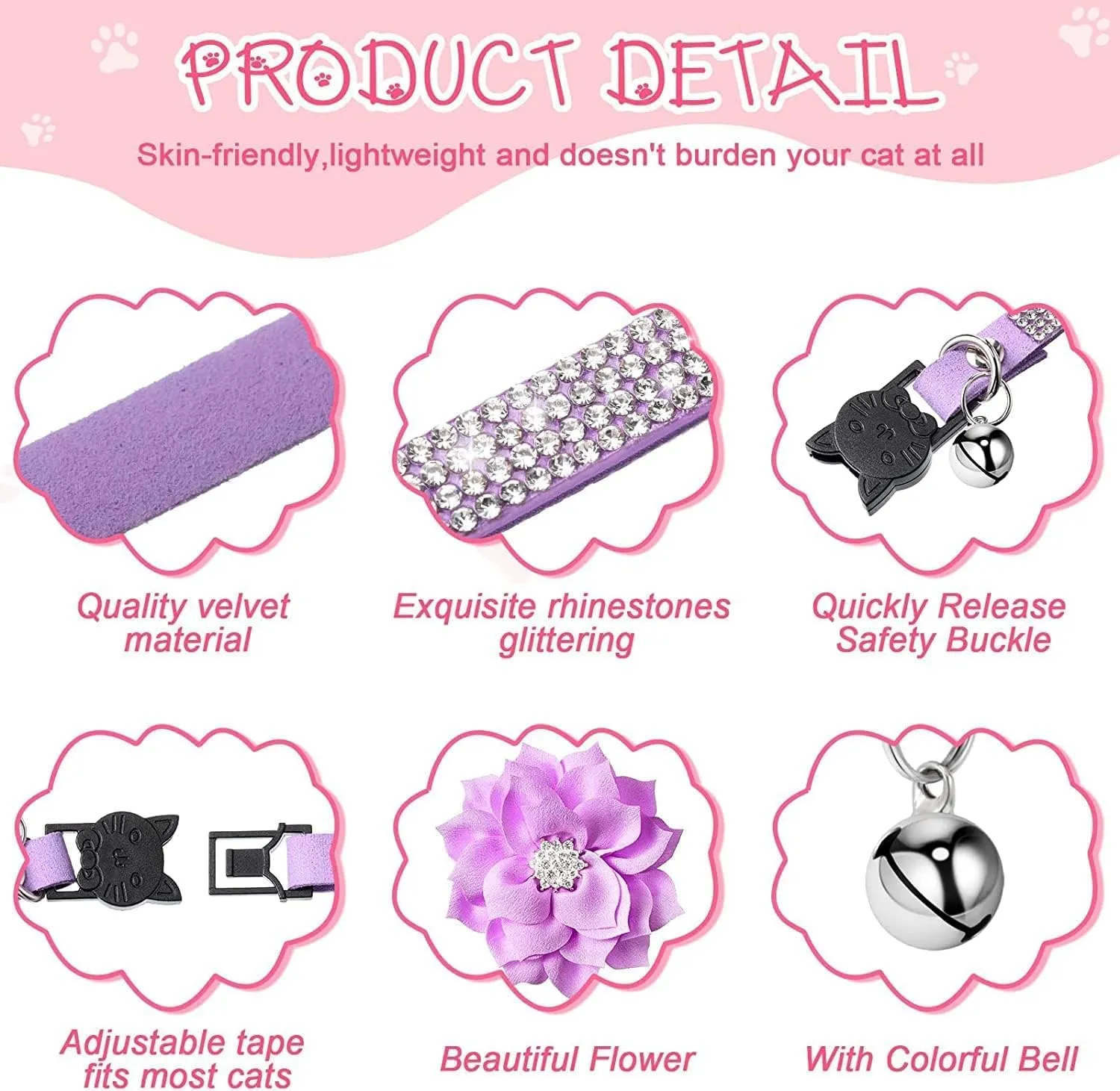 Cat Collars,Rhinestone for Girl Cats Bling Kitten Flower Adjustable Breakaway Collar with Bell Soft Velvet Leather Collar for Puppy Small Dogs (Pink)