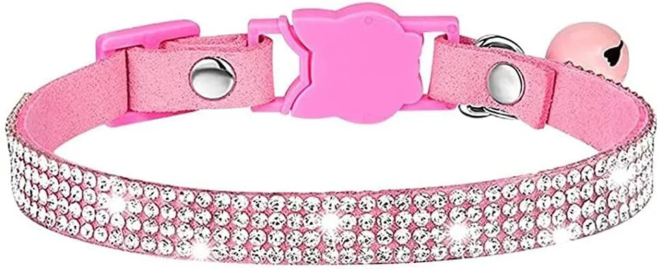 Cat Collars,Rhinestone for Girl Cats Bling Kitten Flower Adjustable Breakaway Collar with Bell Soft Velvet Leather Collar for Puppy Small Dogs (Pink)