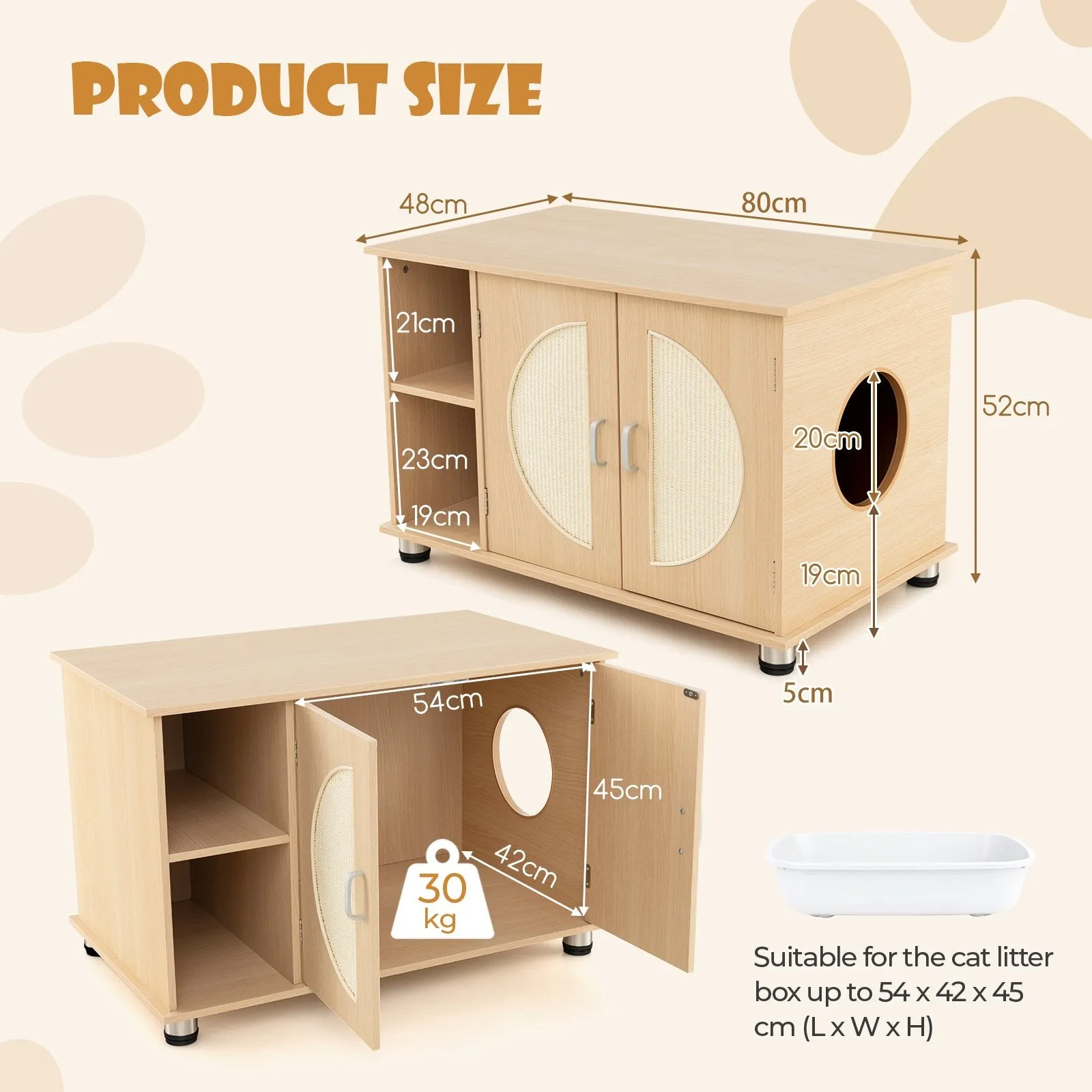 Cat Litter Box Enclosure with Sisal Scratching Doors and Adjustable Metal Feet-Natural