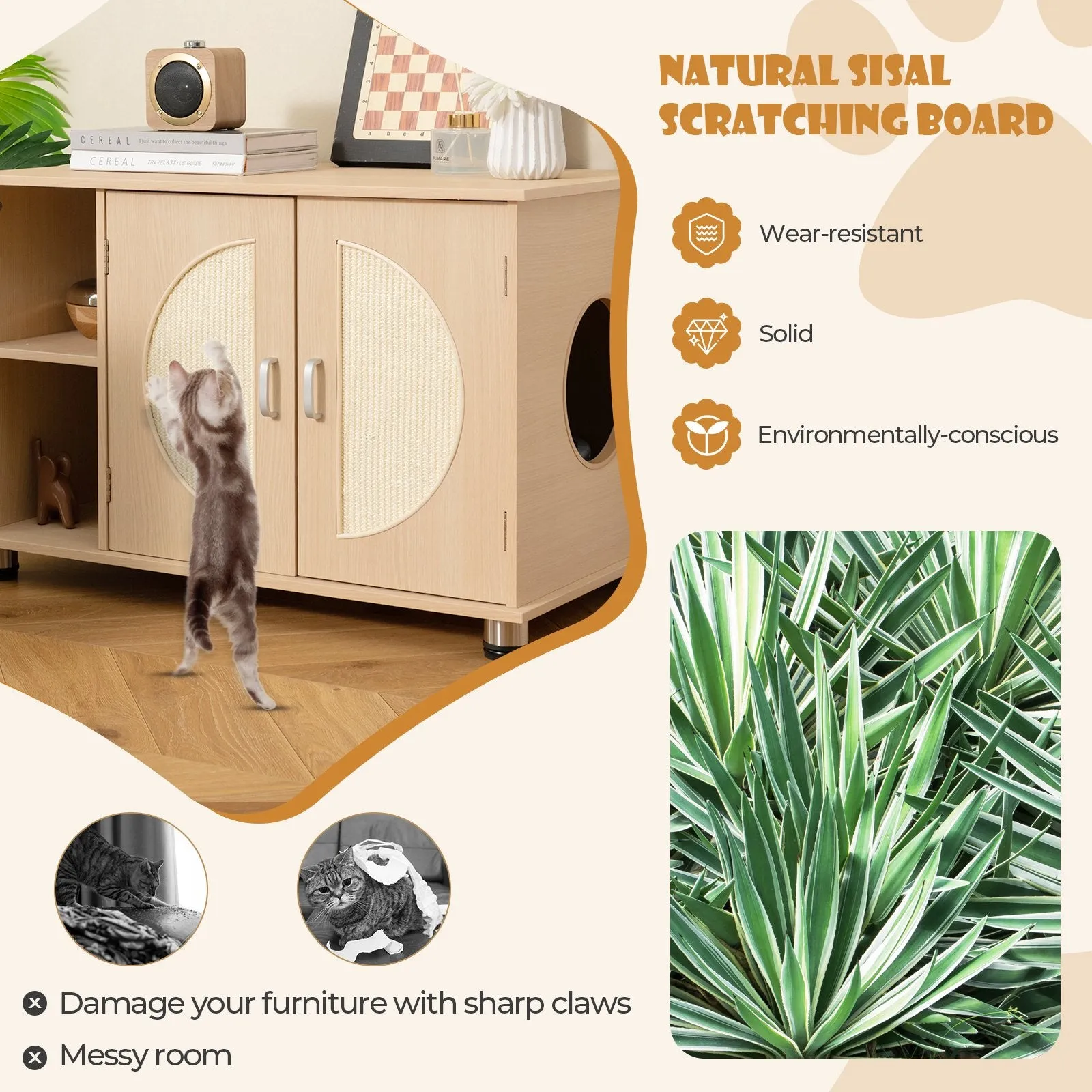 Cat Litter Box Enclosure with Sisal Scratching Doors and Adjustable Metal Feet-Natural