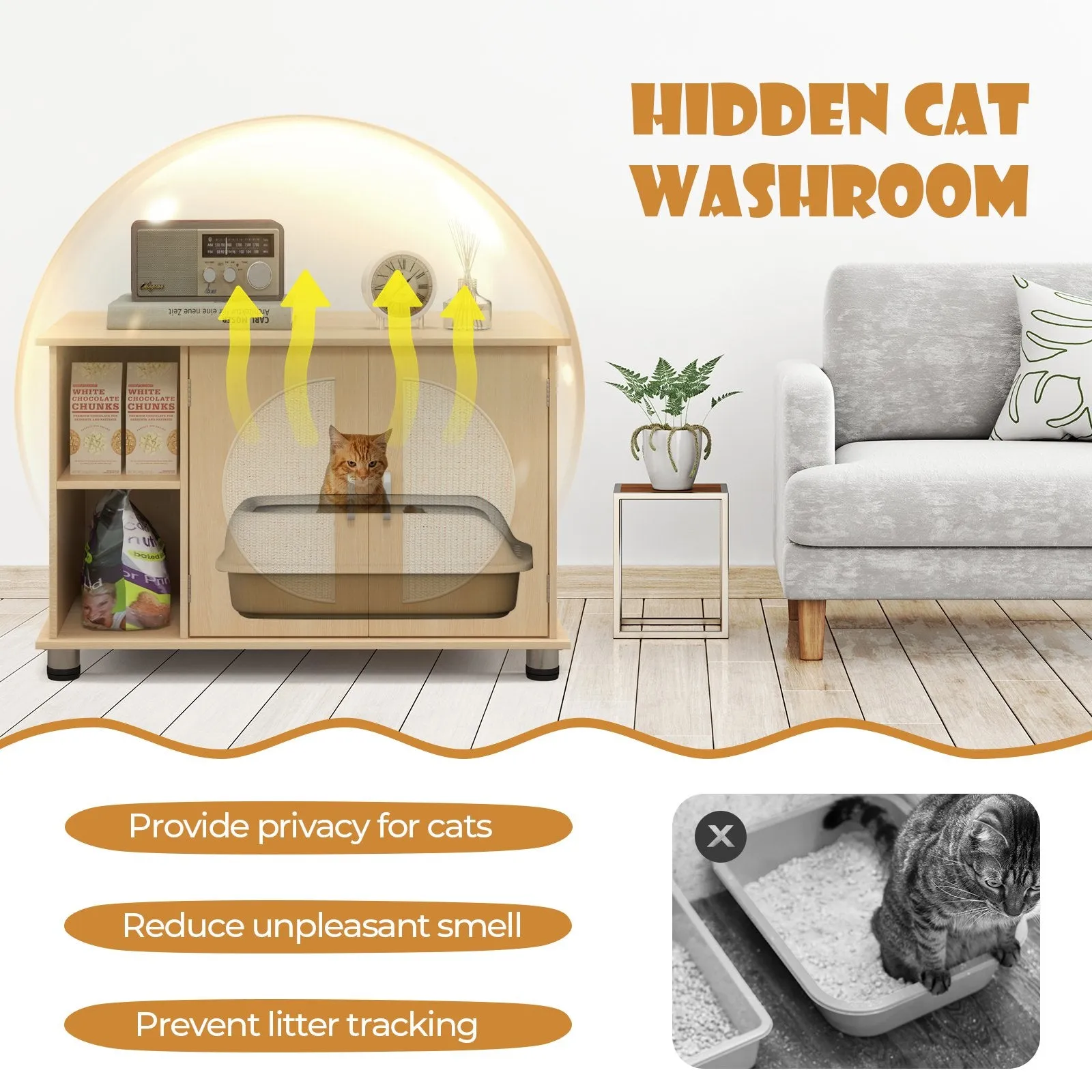 Cat Litter Box Enclosure with Sisal Scratching Doors and Adjustable Metal Feet-Natural