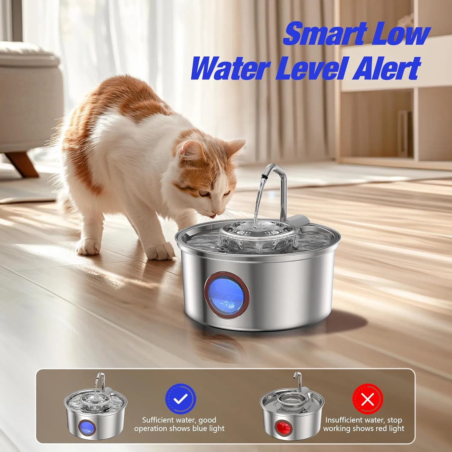 Cat Water Fountain,108oz/3.2L Stainless Steel Cat Fountain and Removable Water Bowl,Pet Fountain with Water Level Window,Quiet Pump,Multi-Filter, Water Tap, Provides Flowing,for Dog Cats