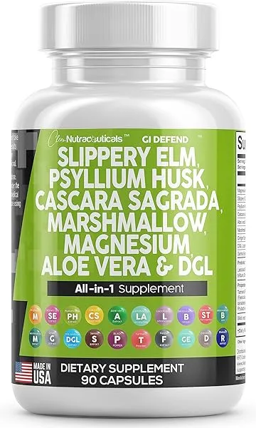 Clean Nutraceuticals Slippery Elm 5000mg Psyllium Husk 2000mg Pre Probiotic Digestive Gut Health Supplement with Aloe Vera Cascara Sagrada 2000mg Marshmallow Root DGL Licorice Senna Extract in Pakistan