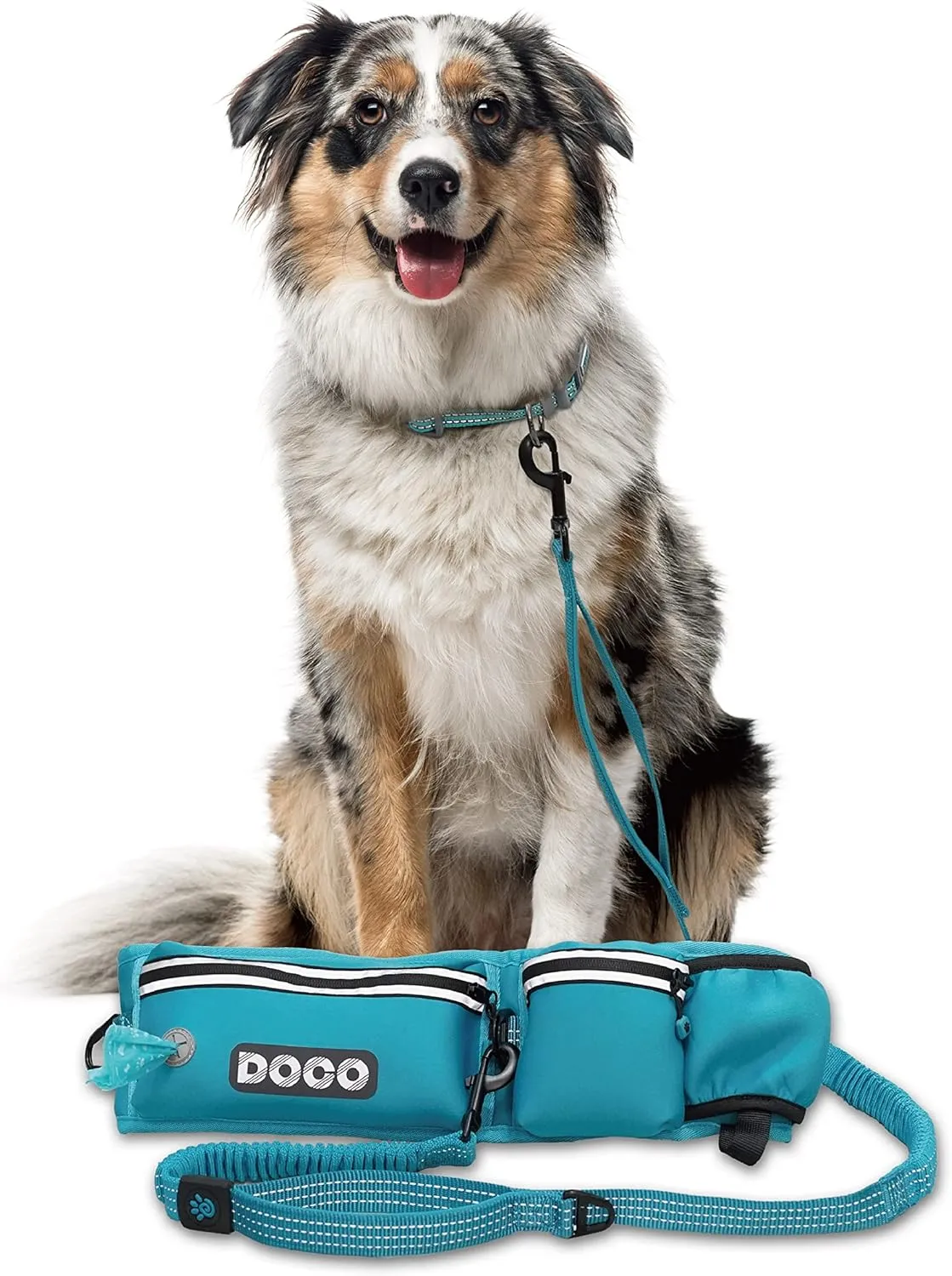 DOCO Hands Free Dog Leash (Waist 26- 48, Leash- 1x 5ft) Waist Belt for Walking, Running & Hiking, Bungee with Dual Handles, Adjustable Fit, Reflective Safety Design for Large Dogs (Turquoise)