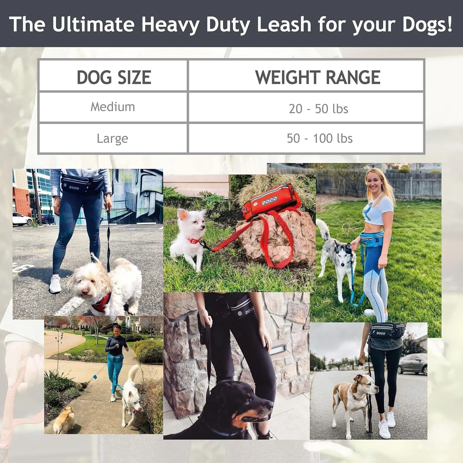 DOCO Hands Free Dog Leash (Waist 26- 48, Leash- 1x 5ft) Waist Belt for Walking, Running & Hiking, Bungee with Dual Handles, Adjustable Fit, Reflective Safety Design for Large Dogs (Turquoise)