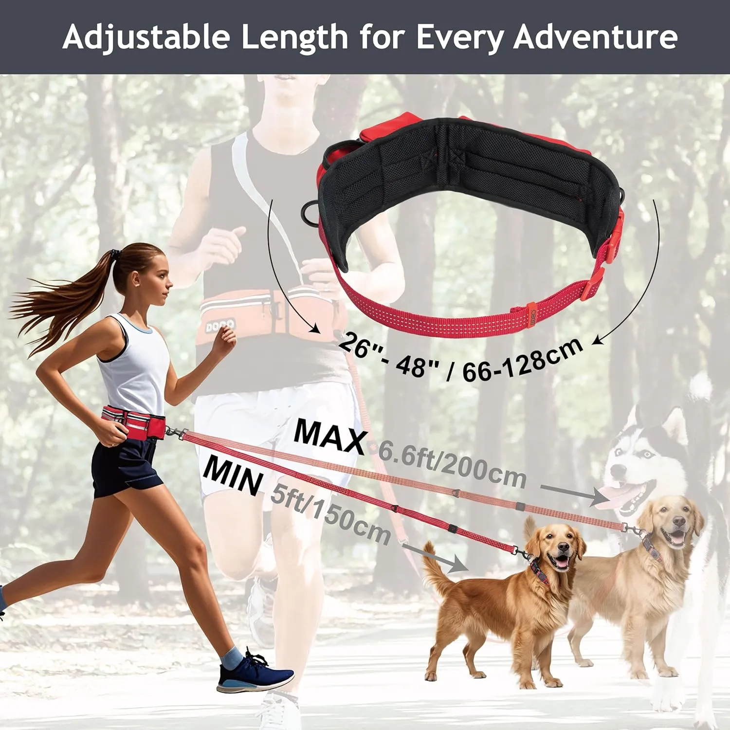 DOCO Hands Free Dog Leash (Waist 26- 48, Leash- 1x 5ft) Waist Belt for Walking, Running & Hiking, Bungee with Dual Handles, Adjustable Fit, Reflective Safety Design for Large Dogs (Turquoise)