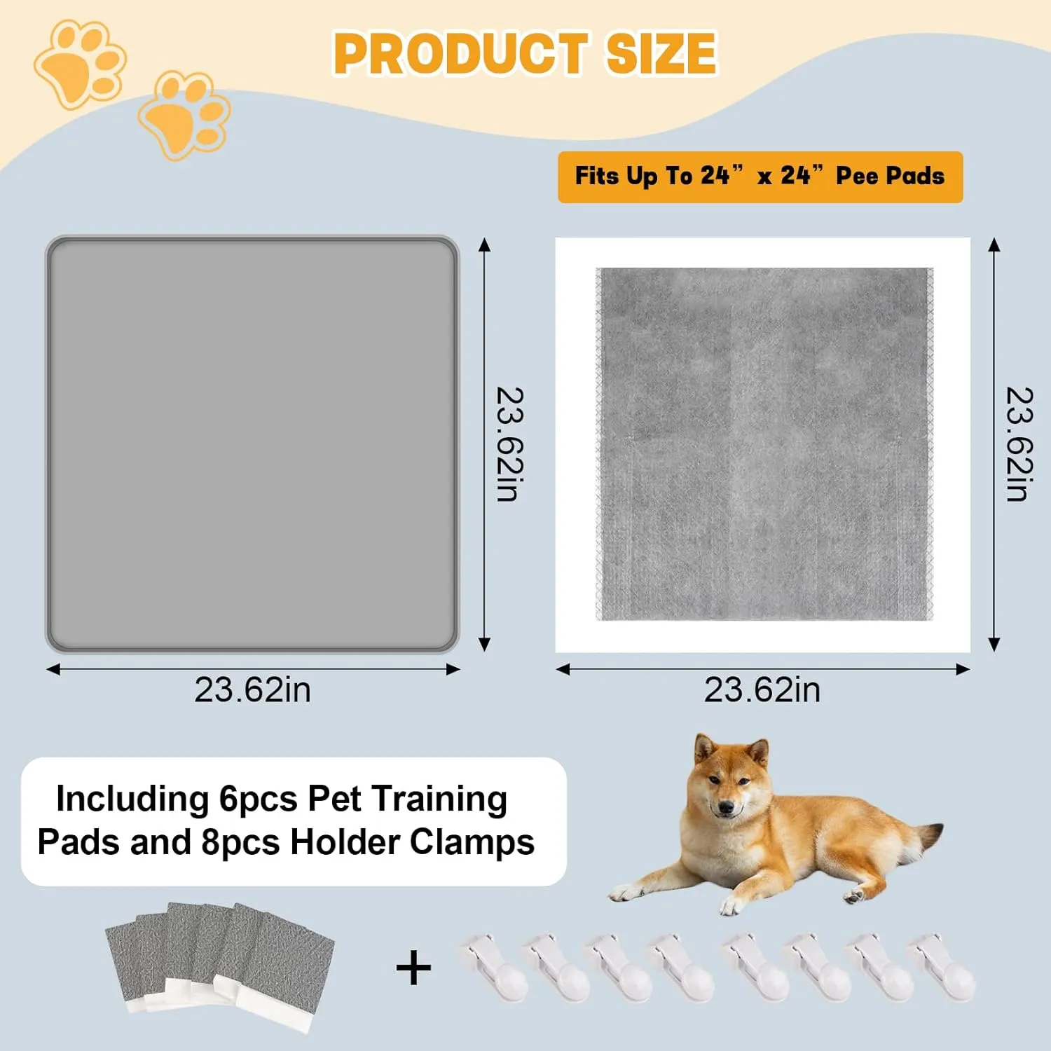 Dog Pee Pad Holder, Puppy Pad Holder Tray for 24'' x 24'' Training Pads, 15pcs Dog Potty Tray Set Include High Edge Silicone Mat & 6 Activated Charcoal Disposable Puppy Pads & 8 Holder Clamps
