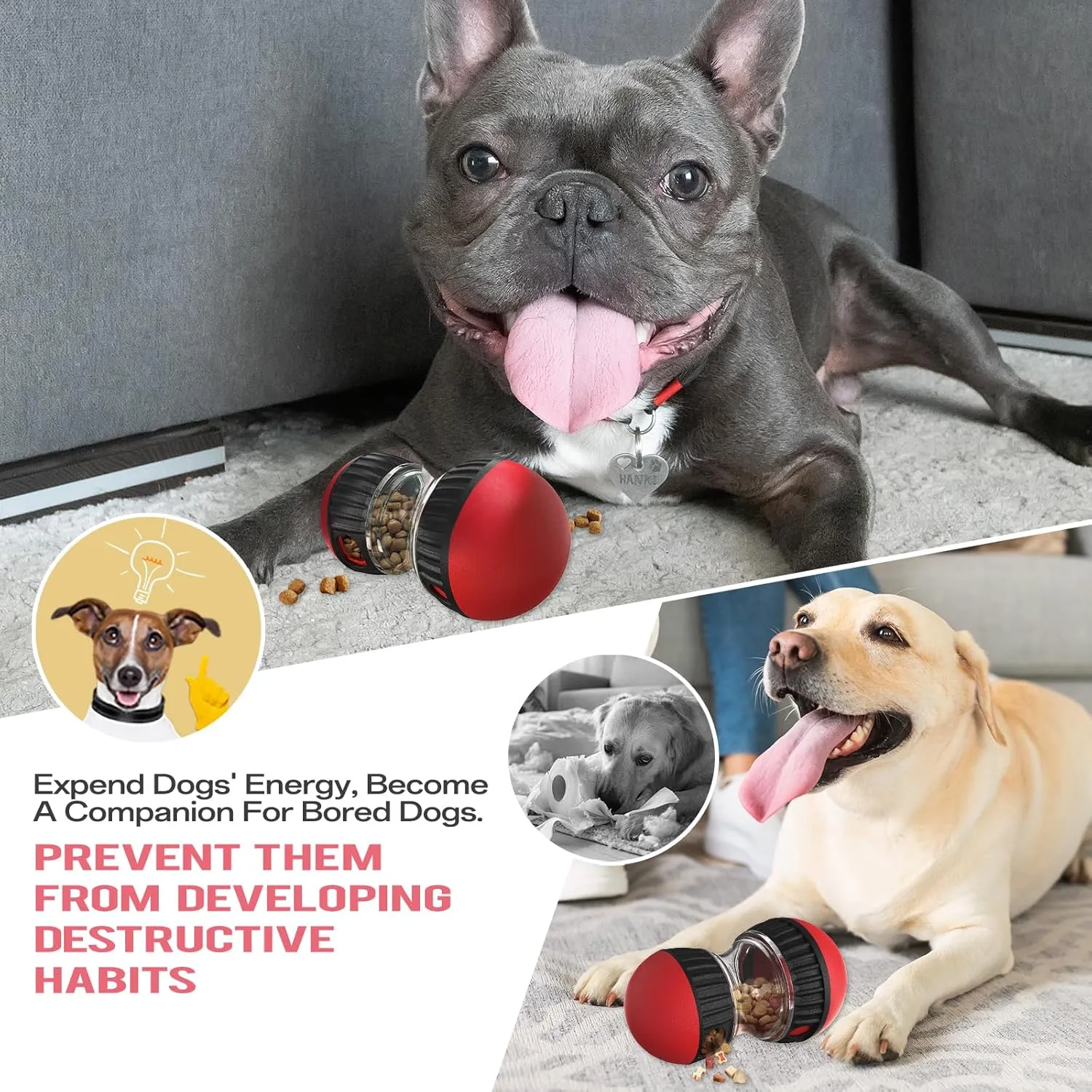 Dog Puzzle Toys, Adjustable Dog Treat Dispensing,Interactive Dog Enrichment Toy to Keep Them Busy,Food Puzzles Ball for Dogs, Puppy Slow Feeder for Stimulating IQ Training (Red)