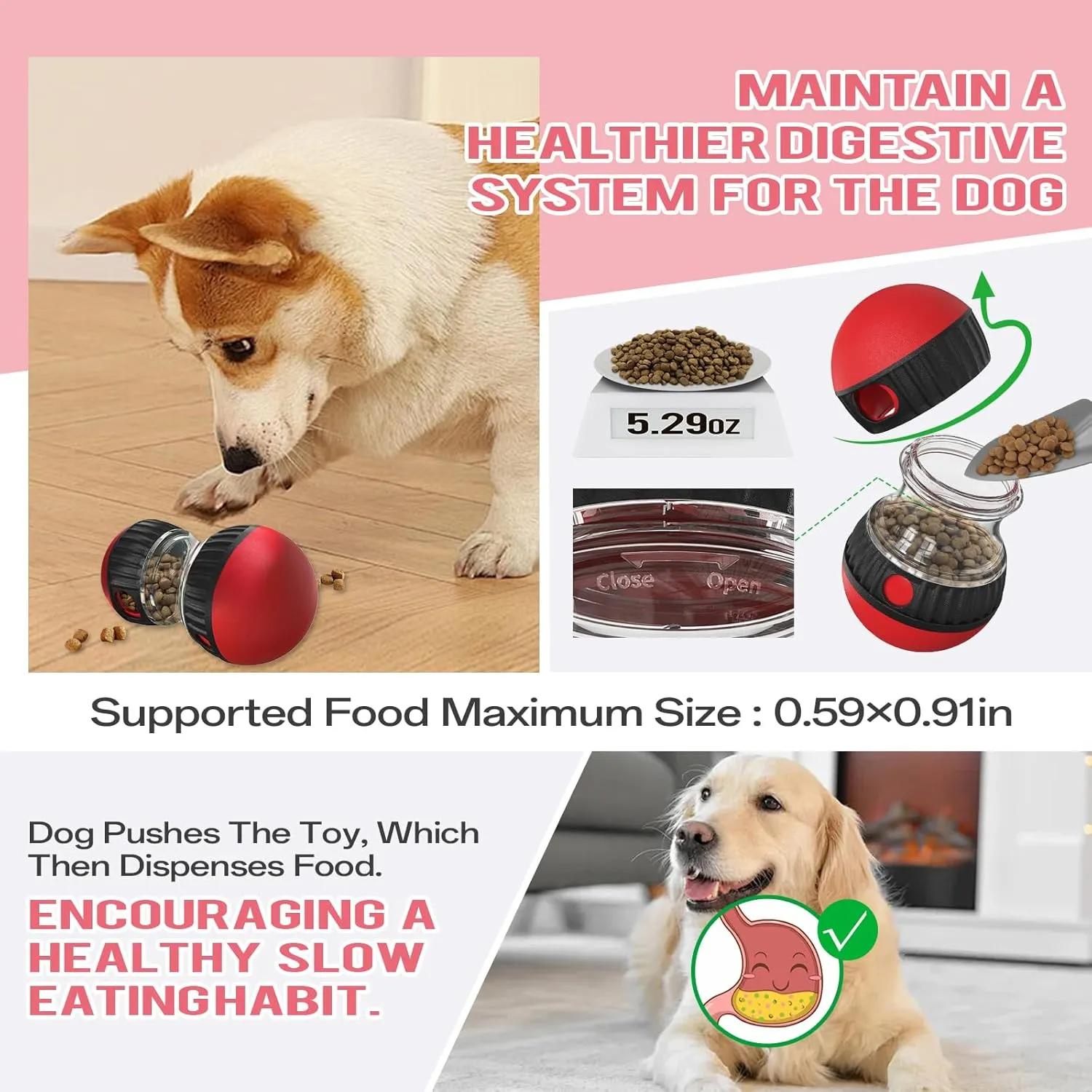 Dog Puzzle Toys, Adjustable Dog Treat Dispensing,Interactive Dog Enrichment Toy to Keep Them Busy,Food Puzzles Ball for Dogs, Puppy Slow Feeder for Stimulating IQ Training (Red)
