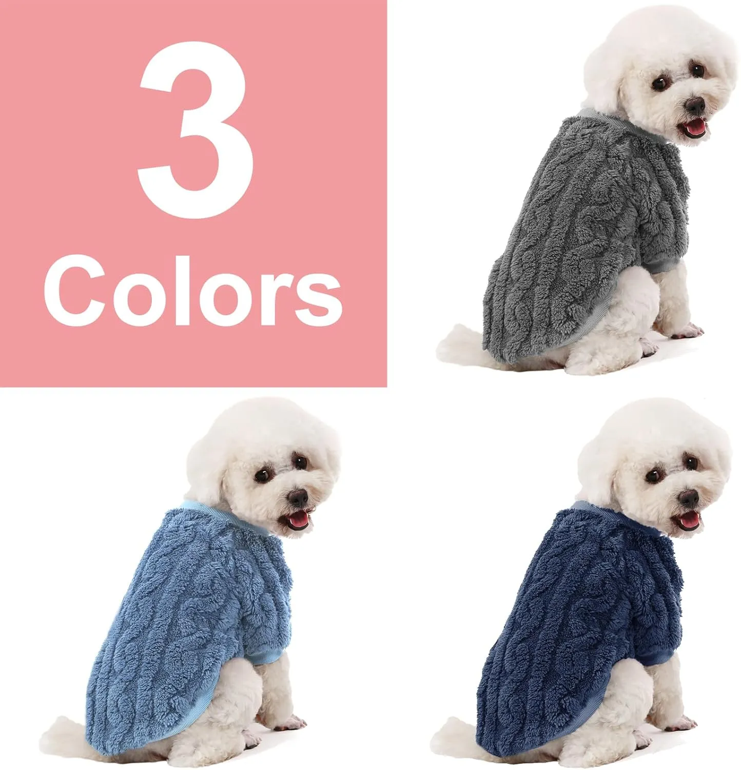 Dog Sweater, 3 Pack Dog Sweaters for Small Dogs or Cats, Girl or Boy, Warm Dog Clothes Shirt Coat for Winter Christmas (Blue, Dark Blue, Grey, Large)
