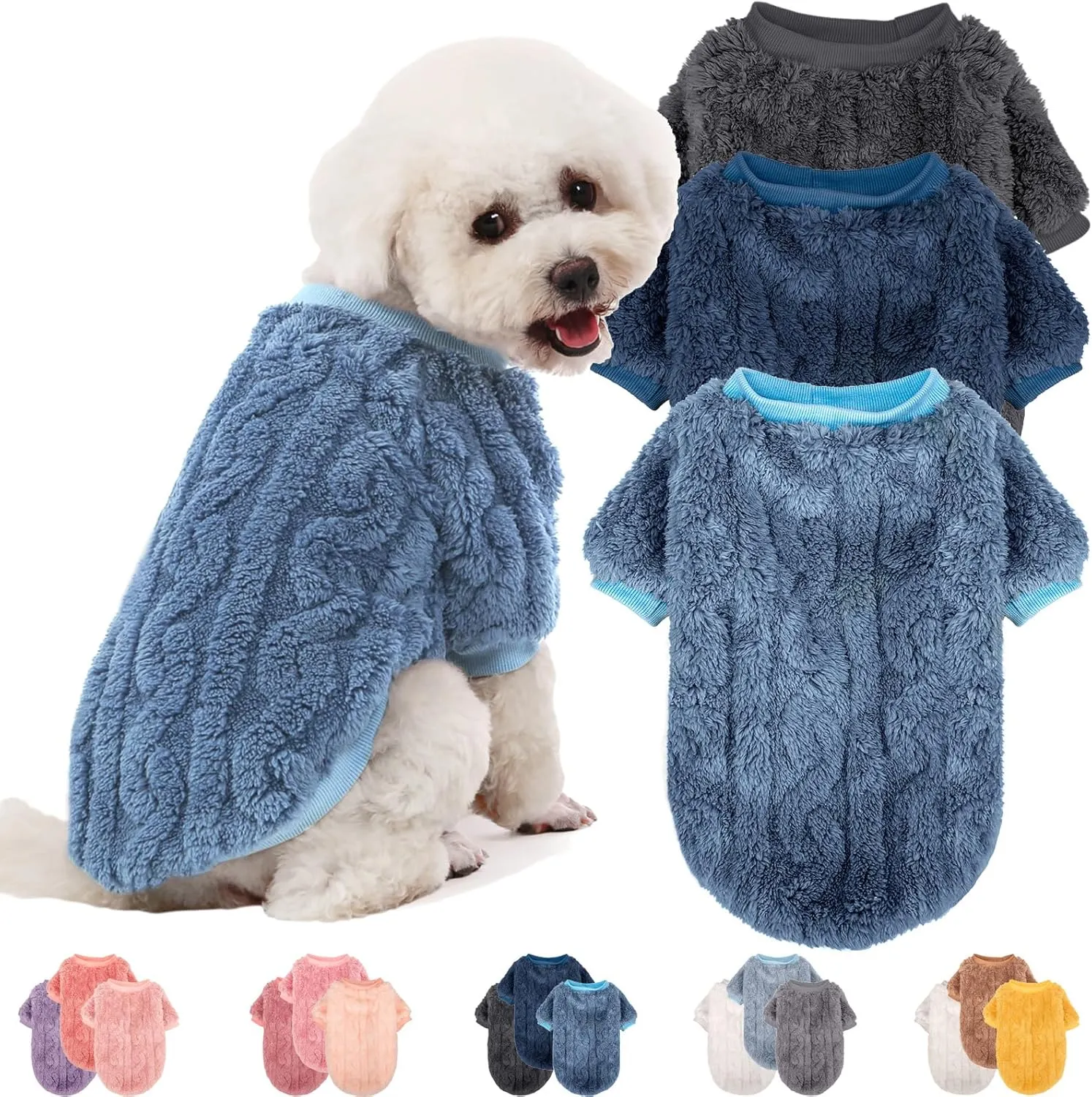 Dog Sweater, 3 Pack Dog Sweaters for Small Dogs or Cats, Girl or Boy, Warm Dog Clothes Shirt Coat for Winter Christmas (Blue, Dark Blue, Grey, Large)