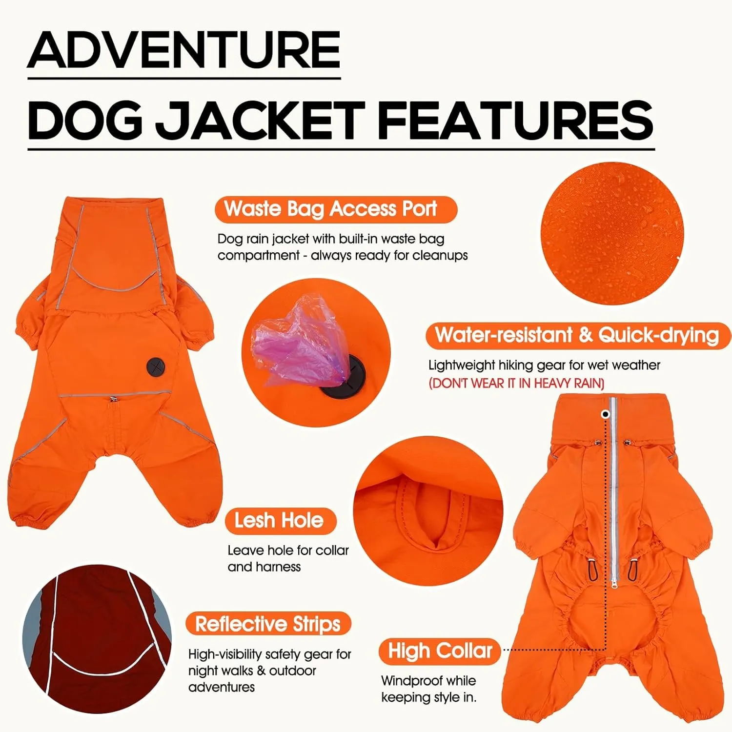 Dora Bridal Windproof Dog Jacket, Lightweight Water Resistant Dog Rain Coat, Adjustable Four-Legged Reflective Dogs Raincoat, Anti-Static Dogs Windbreaker for Hiking Waking(Orange, 4XL)