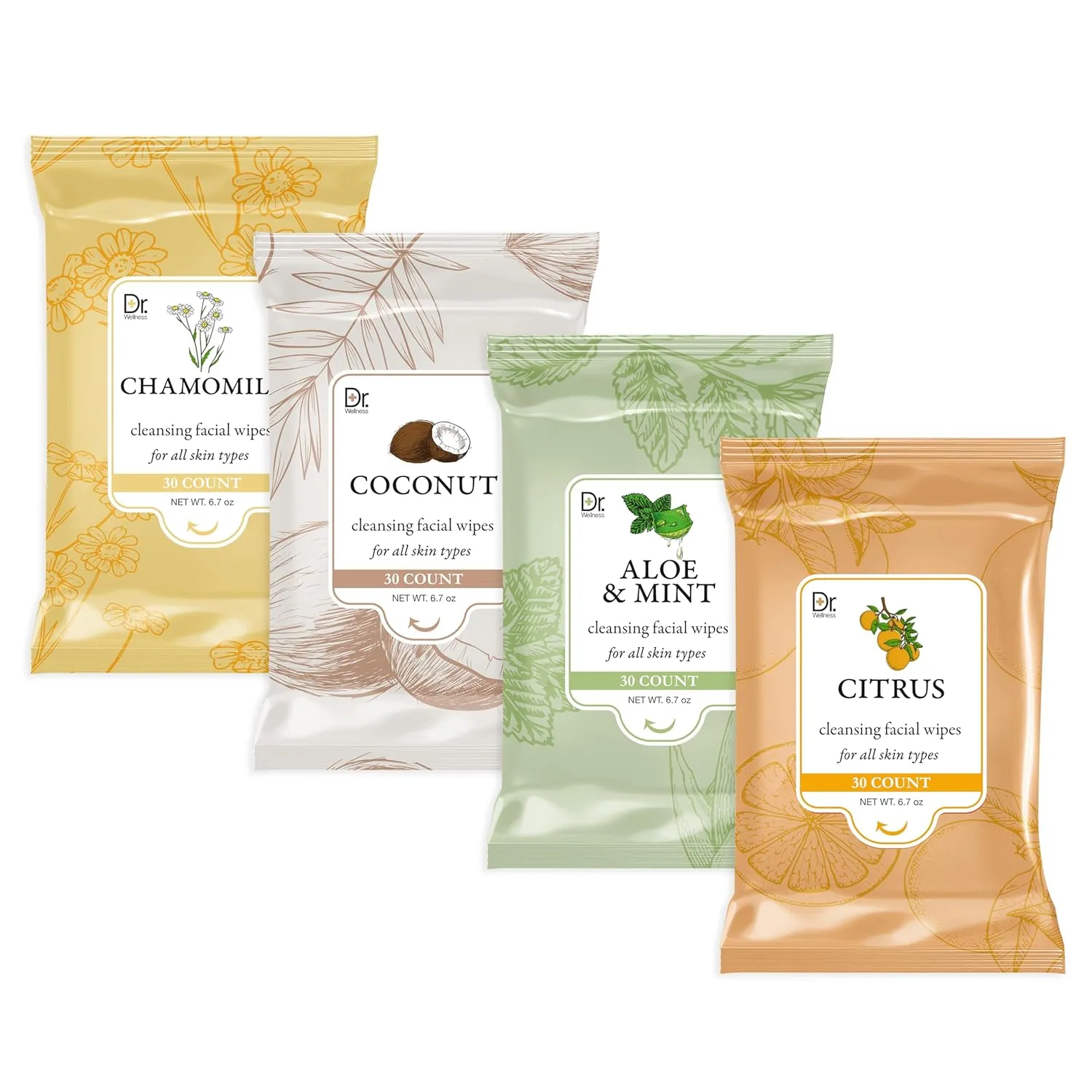 Dr. Wellness Gentle Cleansing Facial Wipes Variety Pack for All Skin Types, 30 Count (Pack of 4), Chamomile, Coconut, Aloe and Mint, Citrus