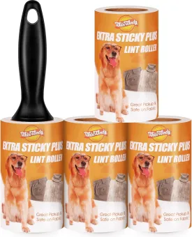 Extra Sticky Lint Roller Mega Value Set, for Pet Hair Removal, Dog and Cat Lint Remover 4 Pack