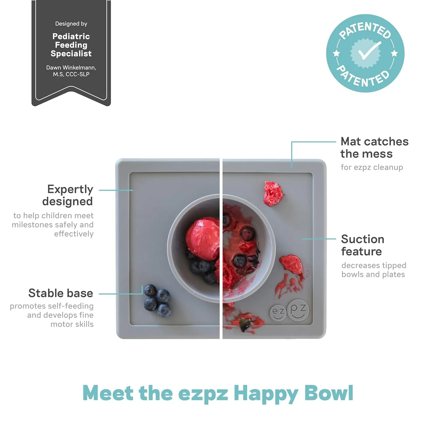 ezpz Happy Bowl - 24 Months   (Gray) - 100% Silicone Suction Bowl with Built-in Placemat  Dishwasher Safe