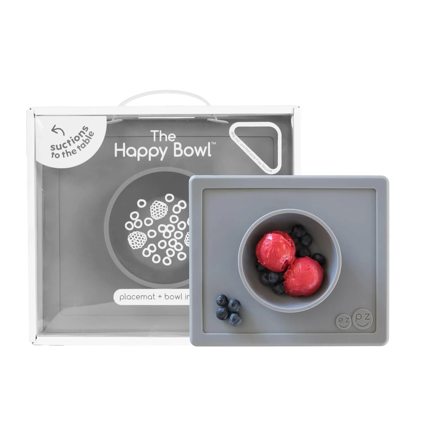 ezpz Happy Bowl - 24 Months   (Gray) - 100% Silicone Suction Bowl with Built-in Placemat  Dishwasher Safe