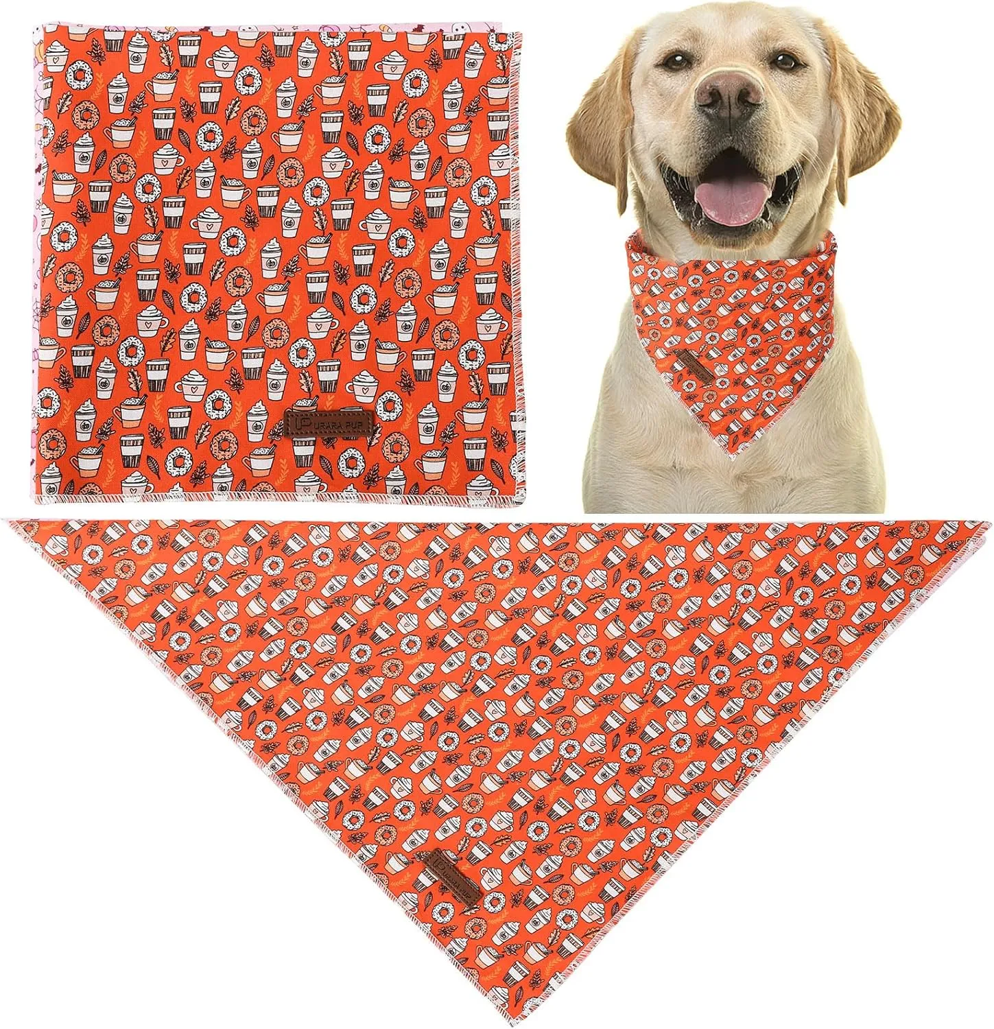 Fall Dog Bandana, Autumn Triangle Bid Scarf with Cup,Doughnut Pattern, Cotton Pet Kerchief for Girl Boy Dogs or Cats, Cute Puppy Bandana Fancy Bandana for Dogs