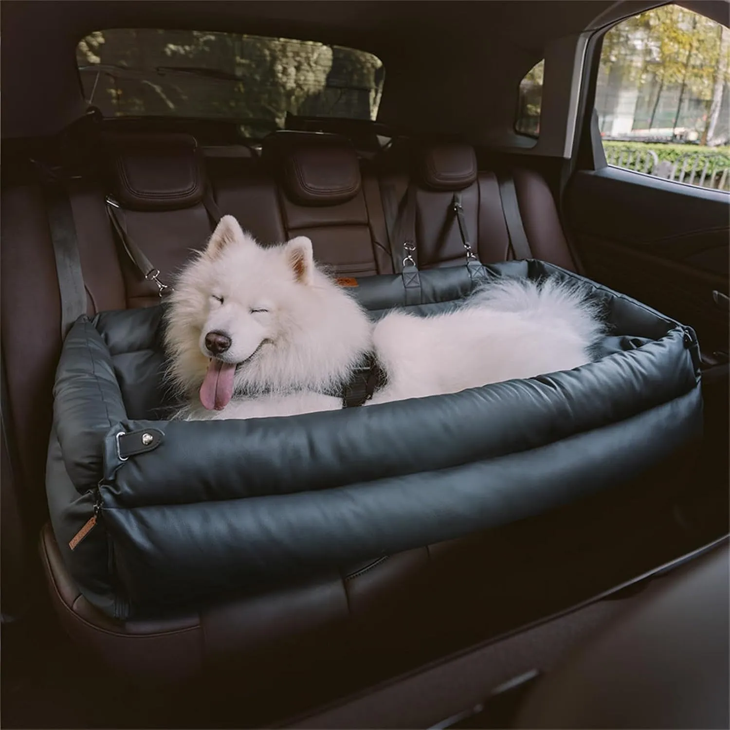 FUNNYFUZZY Dog Car Seat for Small Dogs, Waterproof Dog Car Bed with Storage Pocket, Safety Clip-On Dogs Leash, Detachable Portable Pet Carseat (Abyss Blue, 37.4 * 16.5 * 17.7 inches)