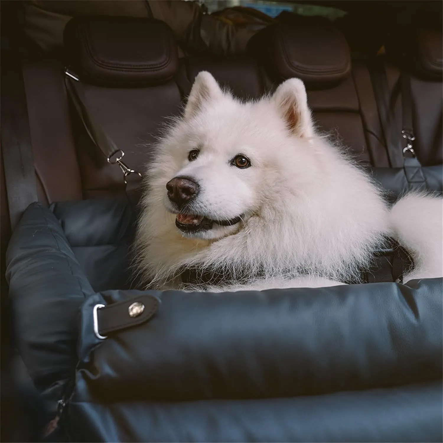 FUNNYFUZZY Dog Car Seat for Small Dogs, Waterproof Dog Car Bed with Storage Pocket, Safety Clip-On Dogs Leash, Detachable Portable Pet Carseat (Abyss Blue, 37.4 * 16.5 * 17.7 inches)