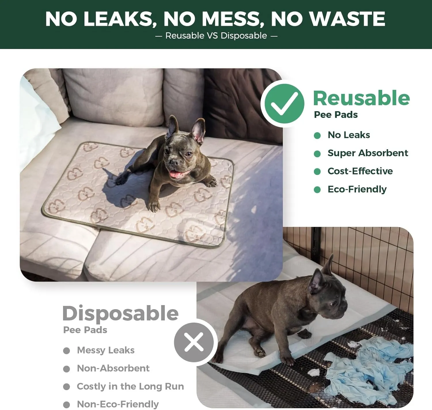 FXW Washable Pee Pads for Dogs, Puppy Pads with Super Absorbent, Specifically Designed for 18inch Cages, Rectangle, 17" x 11", 2 Packs