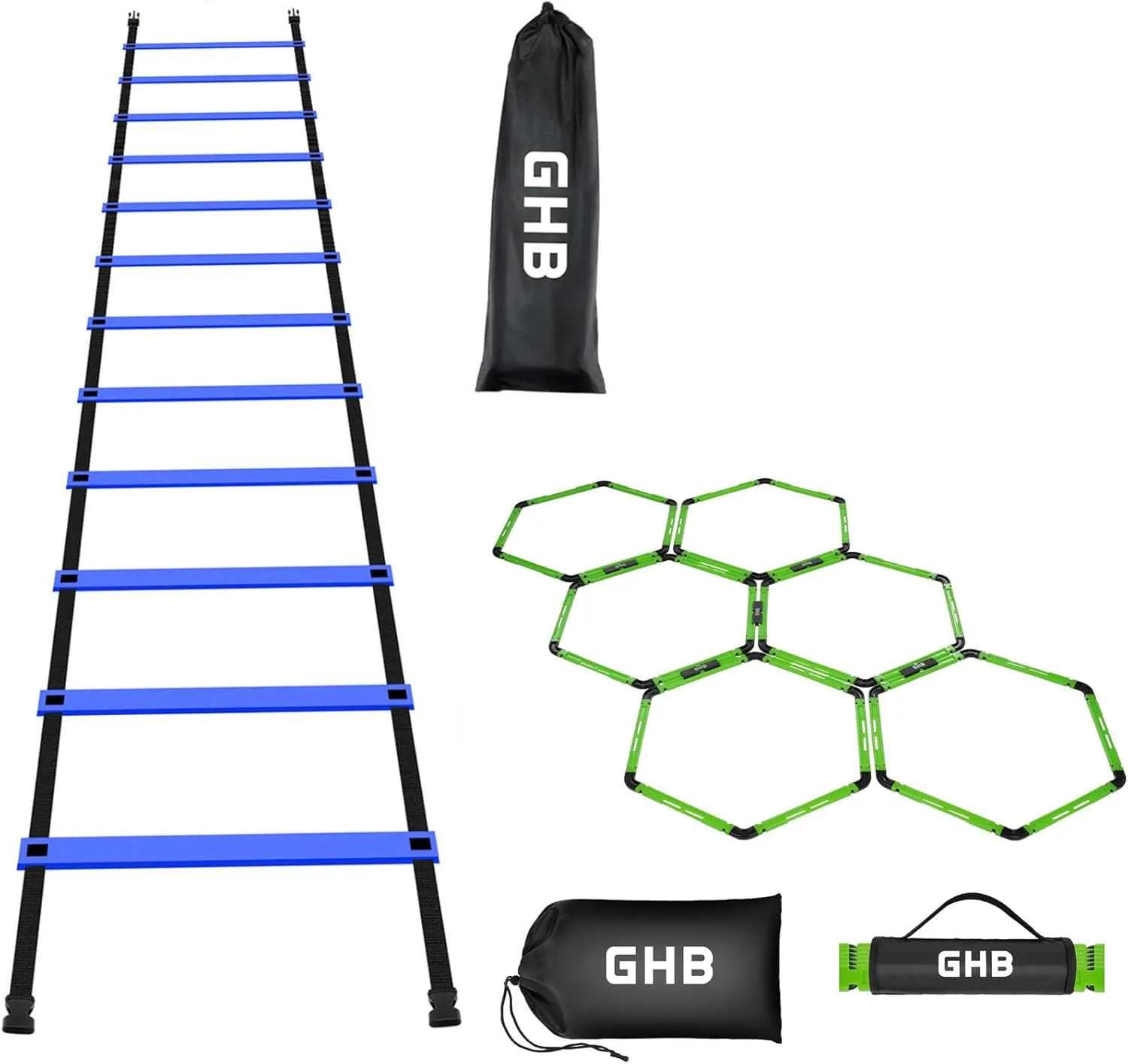 GHB Agility Ladder 1 Pack and Hex Agility Rings 1 Pack 12 Rung 20ft with 3 Carrying Bag