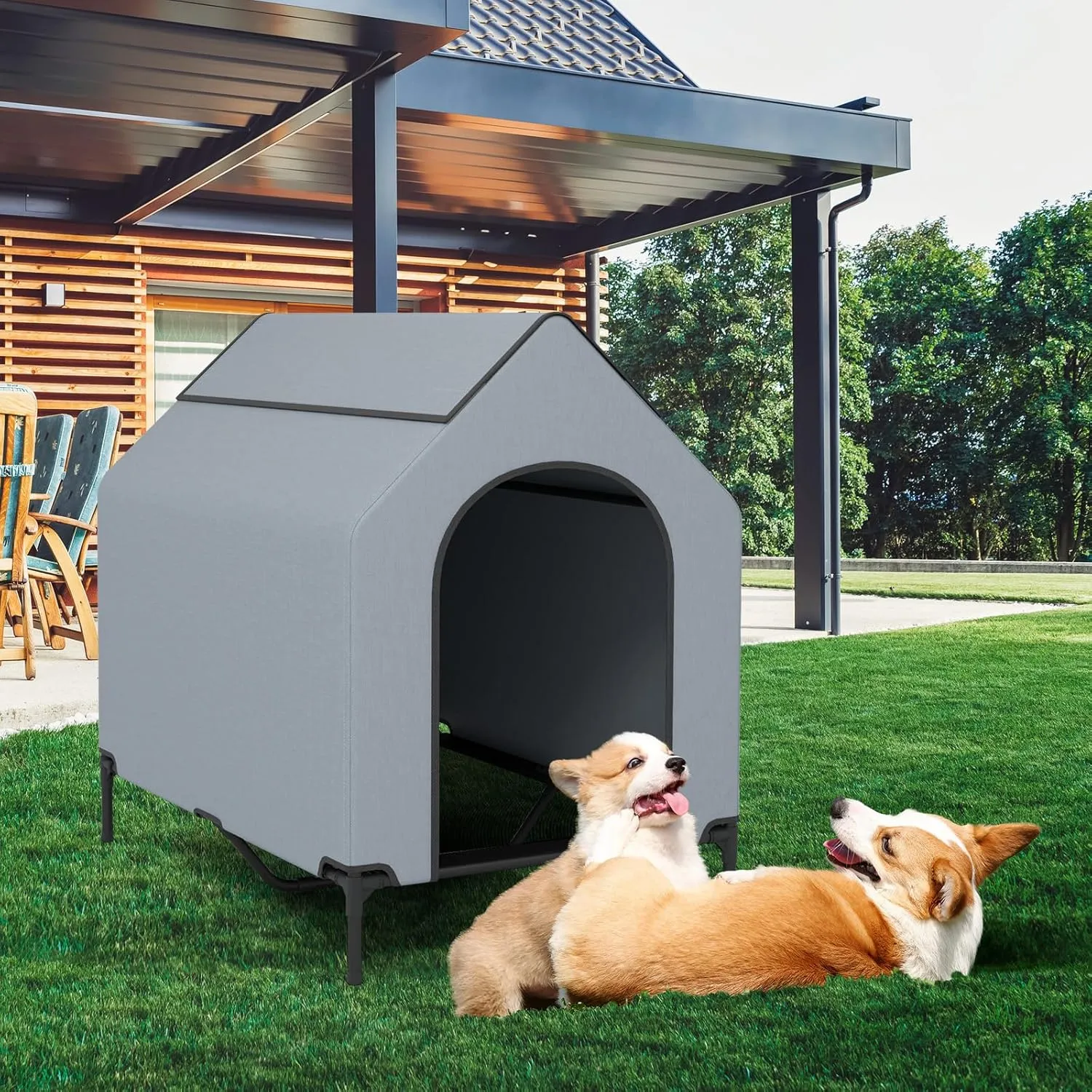 Giantex 43 inch Dog House Outdoor Large Breed, Elevated Dog Bed with Weatherproof Canopy, 2 Top Windows, Breathable Mesh Fabric Bed, Dog Tents Shelter Kennel, Large Dog House, 43" L x 30" W x 42" H