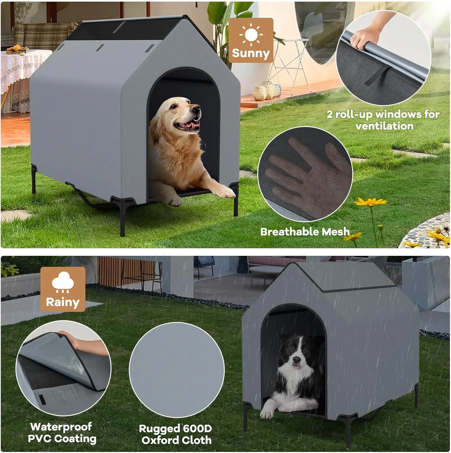 Giantex 43 inch Dog House Outdoor Large Breed, Elevated Dog Bed with Weatherproof Canopy, 2 Top Windows, Breathable Mesh Fabric Bed, Dog Tents Shelter Kennel, Large Dog House, 43" L x 30" W x 42" H