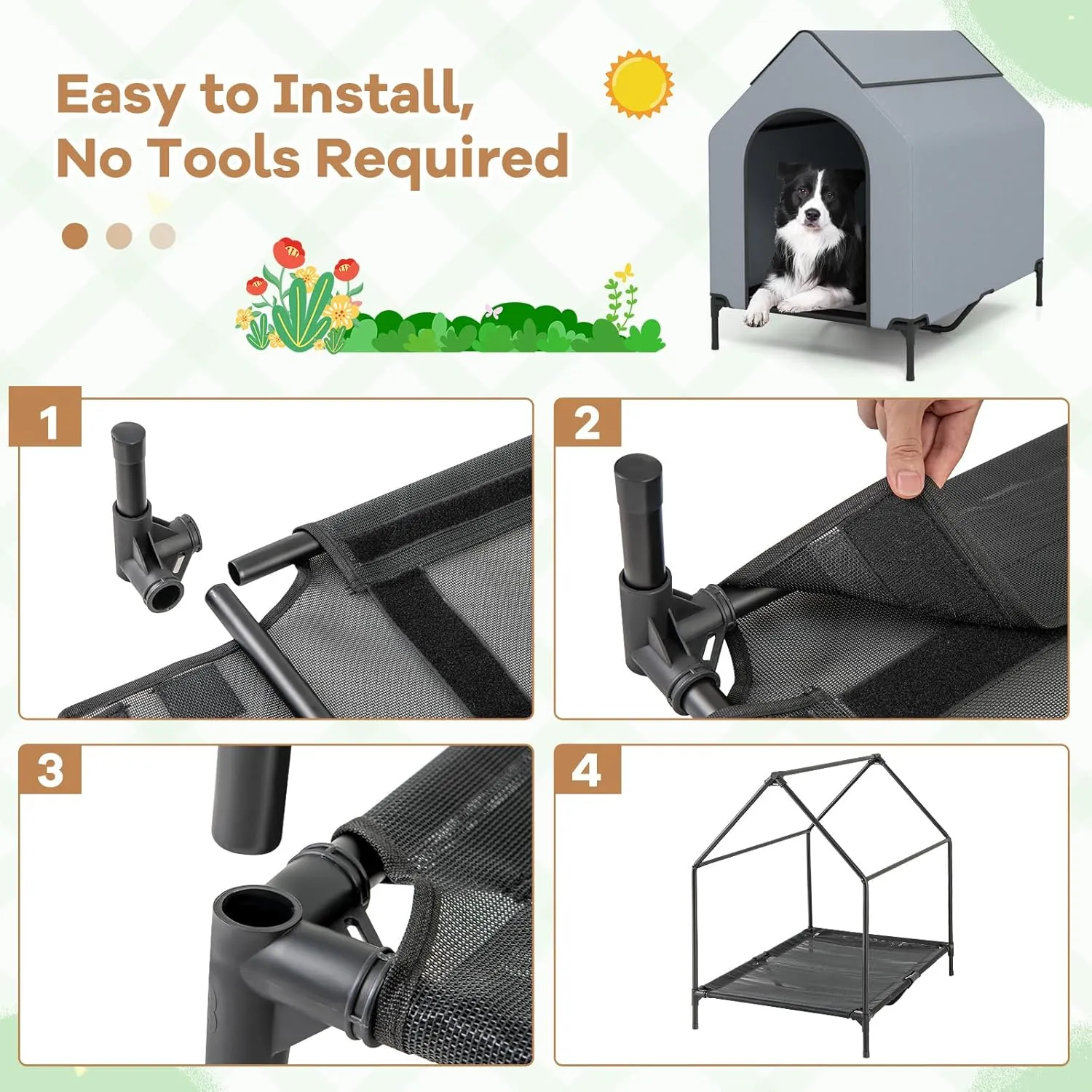 Giantex 43 inch Dog House Outdoor Large Breed, Elevated Dog Bed with Weatherproof Canopy, 2 Top Windows, Breathable Mesh Fabric Bed, Dog Tents Shelter Kennel, Large Dog House, 43" L x 30" W x 42" H