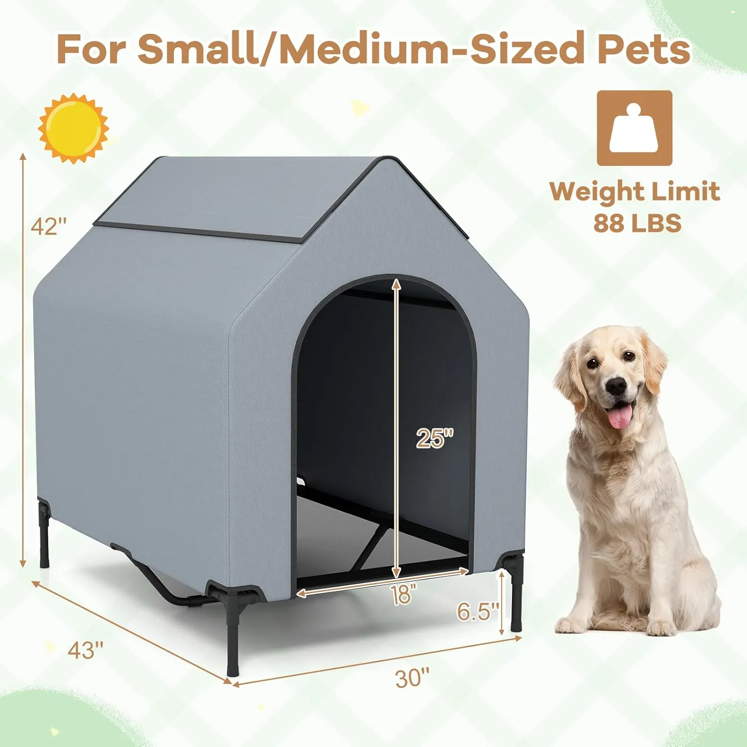 Giantex 43 inch Dog House Outdoor Large Breed, Elevated Dog Bed with Weatherproof Canopy, 2 Top Windows, Breathable Mesh Fabric Bed, Dog Tents Shelter Kennel, Large Dog House, 43" L x 30" W x 42" H
