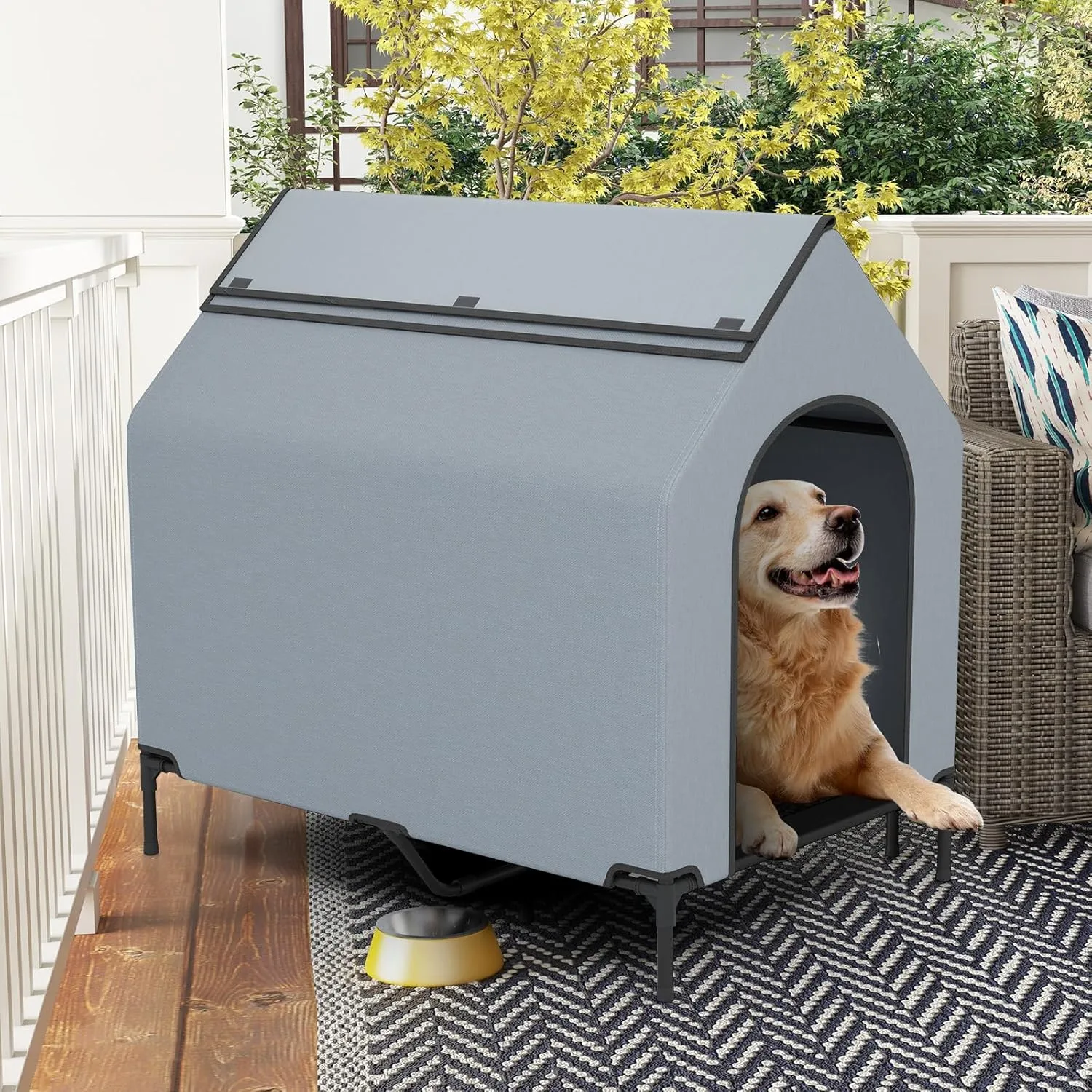 Giantex 43 inch Dog House Outdoor Large Breed, Elevated Dog Bed with Weatherproof Canopy, 2 Top Windows, Breathable Mesh Fabric Bed, Dog Tents Shelter Kennel, Large Dog House, 43" L x 30" W x 42" H