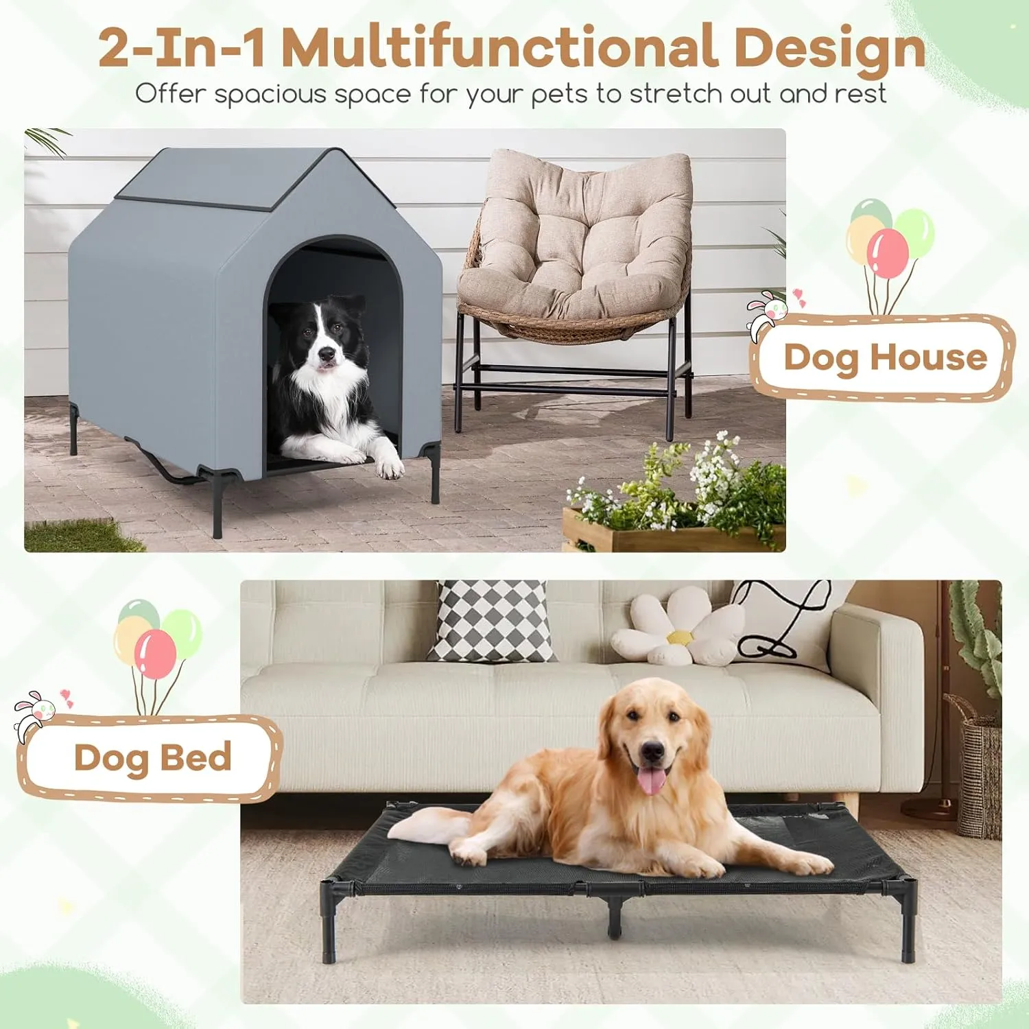 Giantex 43 inch Dog House Outdoor Large Breed, Elevated Dog Bed with Weatherproof Canopy, 2 Top Windows, Breathable Mesh Fabric Bed, Dog Tents Shelter Kennel, Large Dog House, 43" L x 30" W x 42" H