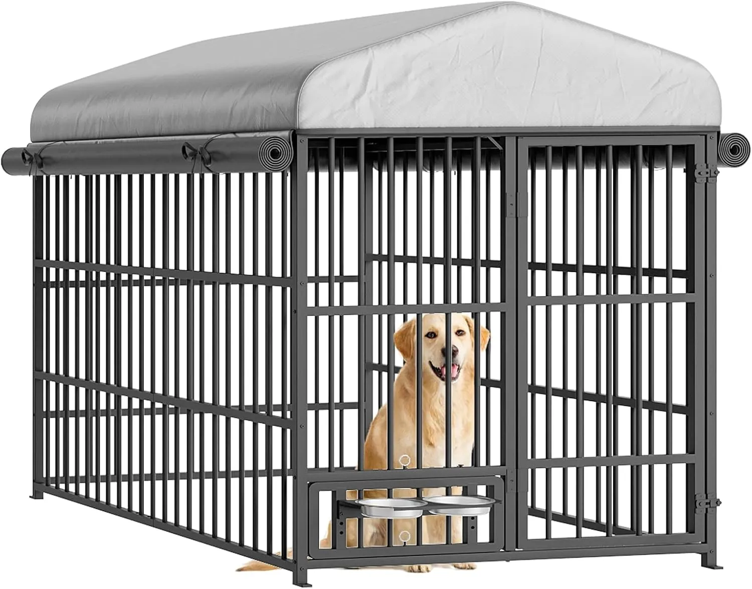 HOOBRO Outdoor Dog Kennel, 6.6 x 3.9 x 5.9 ft Large Dog Kennel Outside with Roof and Rotating Feeding Bowls, Heavy-Duty Cage Enclosure with Waterproof Cover, Dog Playpen Fence, Black BK212GW03