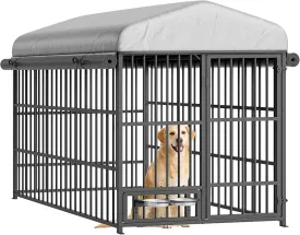 HOOBRO Outdoor Dog Kennel, 6.6 x 3.9 x 5.9 ft Large Dog Kennel Outside with Roof and Rotating Feeding Bowls, Heavy-Duty Cage Enclosure with Waterproof Cover, Dog Playpen Fence, Black BK212GW03