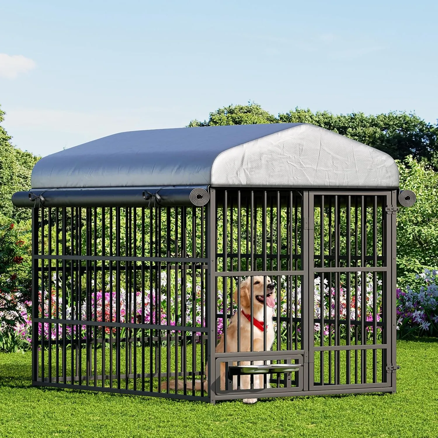 HOOBRO Outdoor Dog Kennel, 6.6 x 3.9 x 5.9 ft Large Dog Kennel Outside with Roof and Rotating Feeding Bowls, Heavy-Duty Cage Enclosure with Waterproof Cover, Dog Playpen Fence, Black BK212GW03