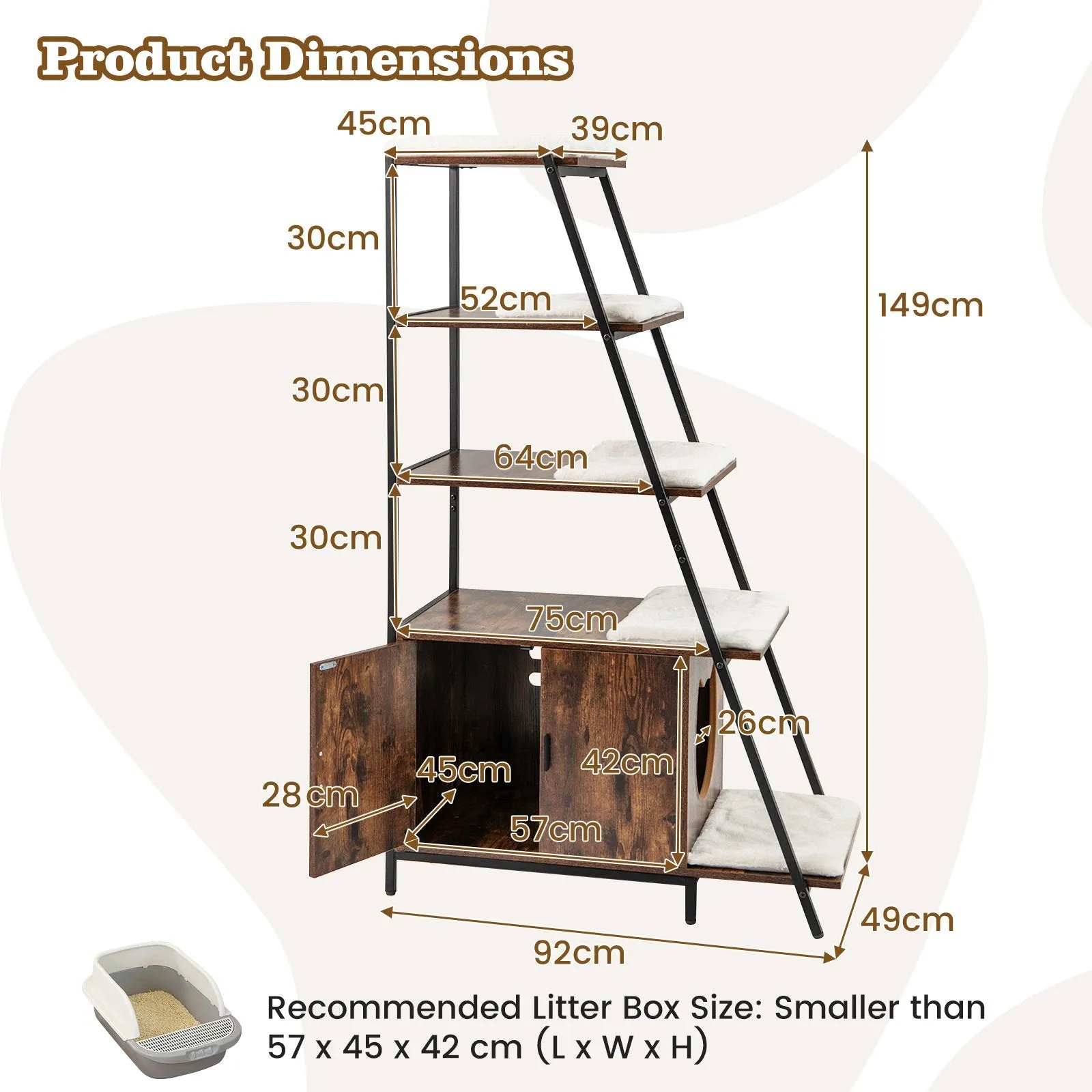 Large Cat Litter Box Enclosure with Storage and Removable Plush Mats-Coffee