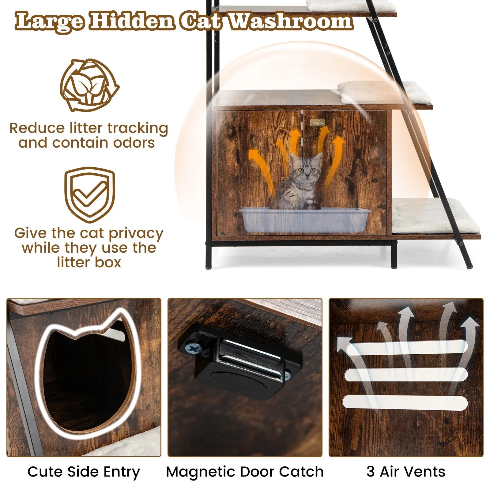 Large Cat Litter Box Enclosure with Storage and Removable Plush Mats-Coffee