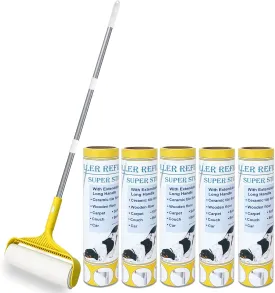 Large Floor Lint Roller for Carpet Pet Hair Extra Sticky, Extendable Long Handle Lint Roller with 5 Refills 300 Sheets Total,Cat Dog Pet Hair Remover for Couch,Clothes,Curtains