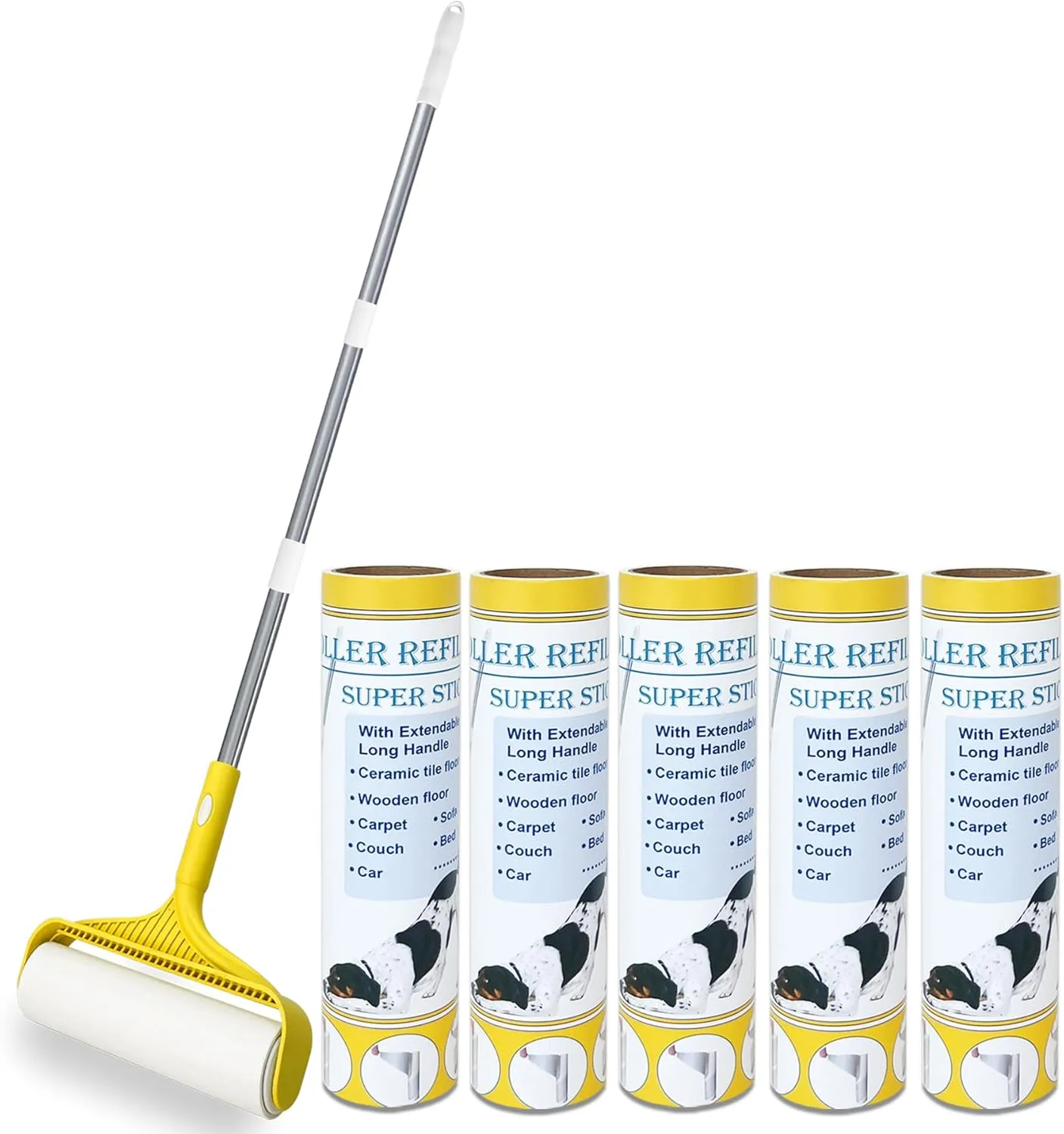 Large Floor Lint Roller for Carpet Pet Hair Extra Sticky, Extendable Long Handle Lint Roller with 5 Refills 300 Sheets Total,Cat Dog Pet Hair Remover for Couch,Clothes,Curtains