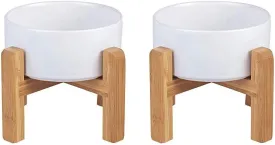 LIONWEI LIONWELI Ceramic Raised Dog Bowls, Medium - Set of 2 - Non Slip Wood Stand - Anti Vomiting - 850 ml - White