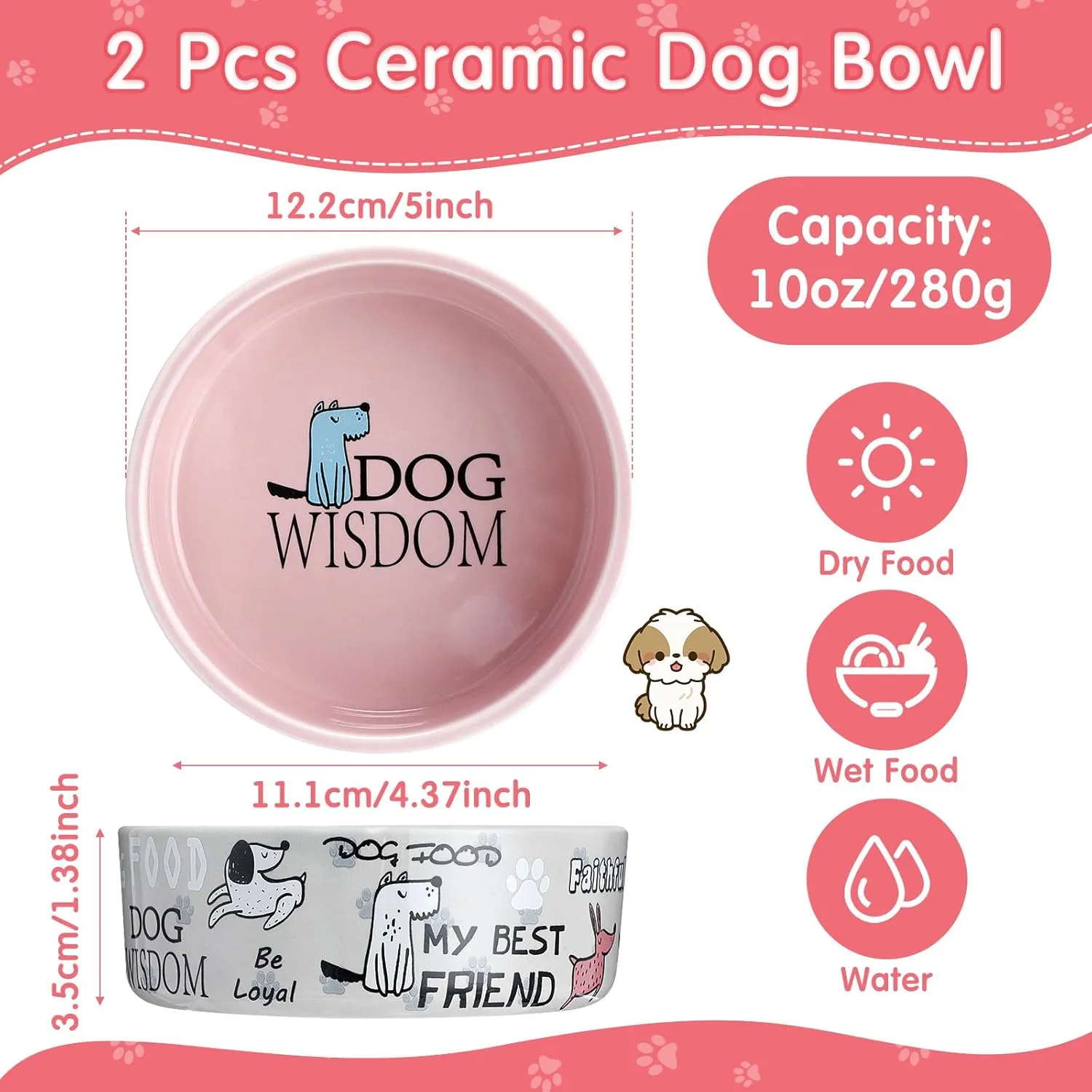 Maxcheck 2 Pcs 5 Inch Ceramic Dog Bowls Dishes for Small Dogs Cute Cartoon Pattern Puppy Cat Bowls Heavy Food Water Dishes for Pets Feeding Travel, Dishwasher Safe Microwave Safe(Pink and Gray)