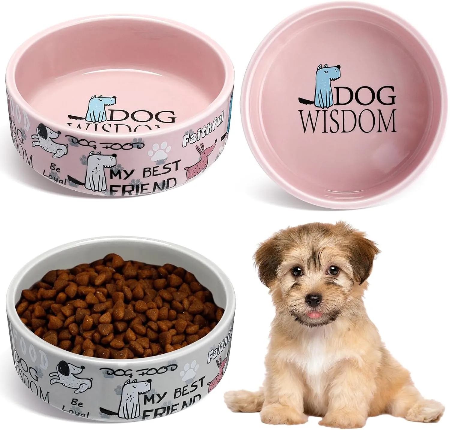 Maxcheck 2 Pcs 5 Inch Ceramic Dog Bowls Dishes for Small Dogs Cute Cartoon Pattern Puppy Cat Bowls Heavy Food Water Dishes for Pets Feeding Travel, Dishwasher Safe Microwave Safe(Pink and Gray)