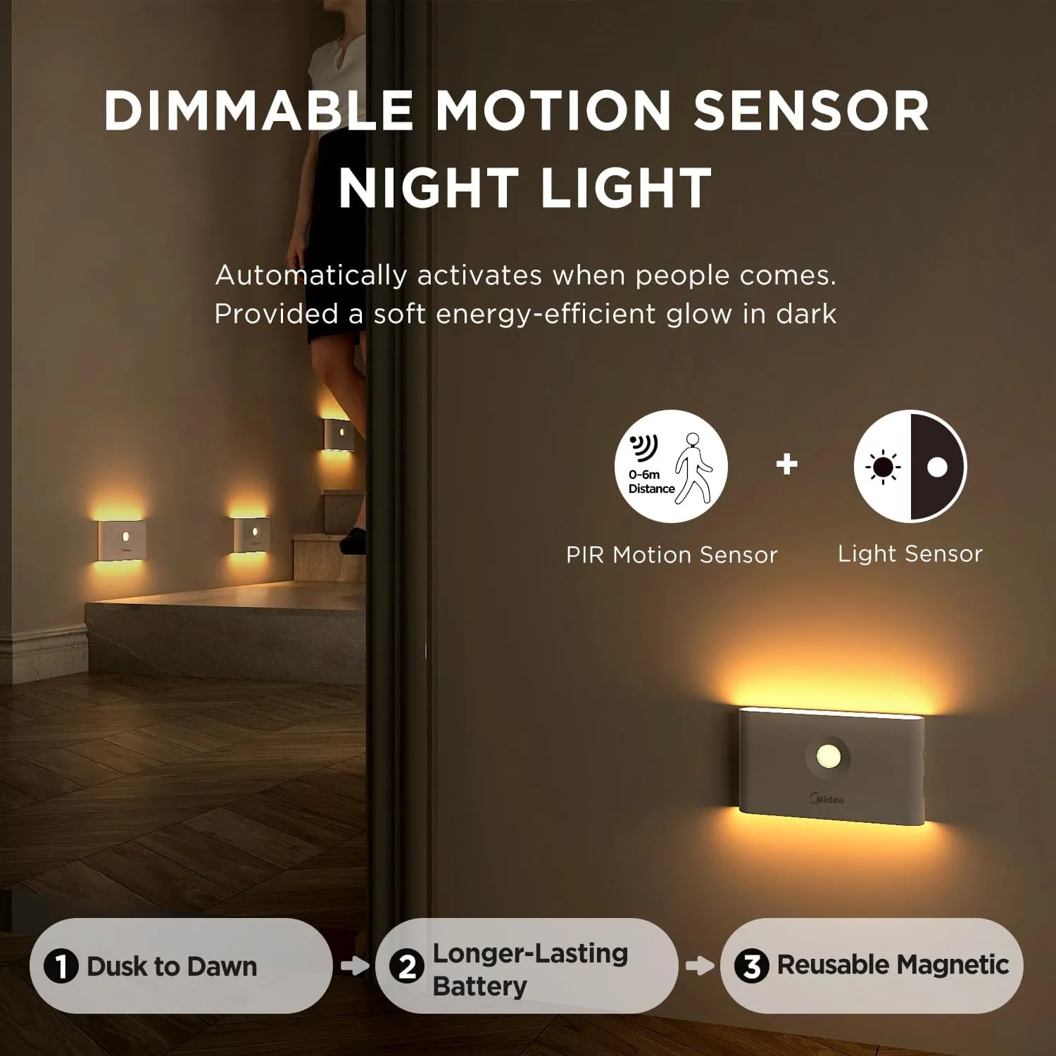 Midea 4 Pack Rechargeable Night Lights with Motion Sensor/Dusk to Dawn Sensor, Warm White Night Light Stair Lights for Indoor/Bedroom/Bathroom/Kitchen/Hallway,Cordless Design
